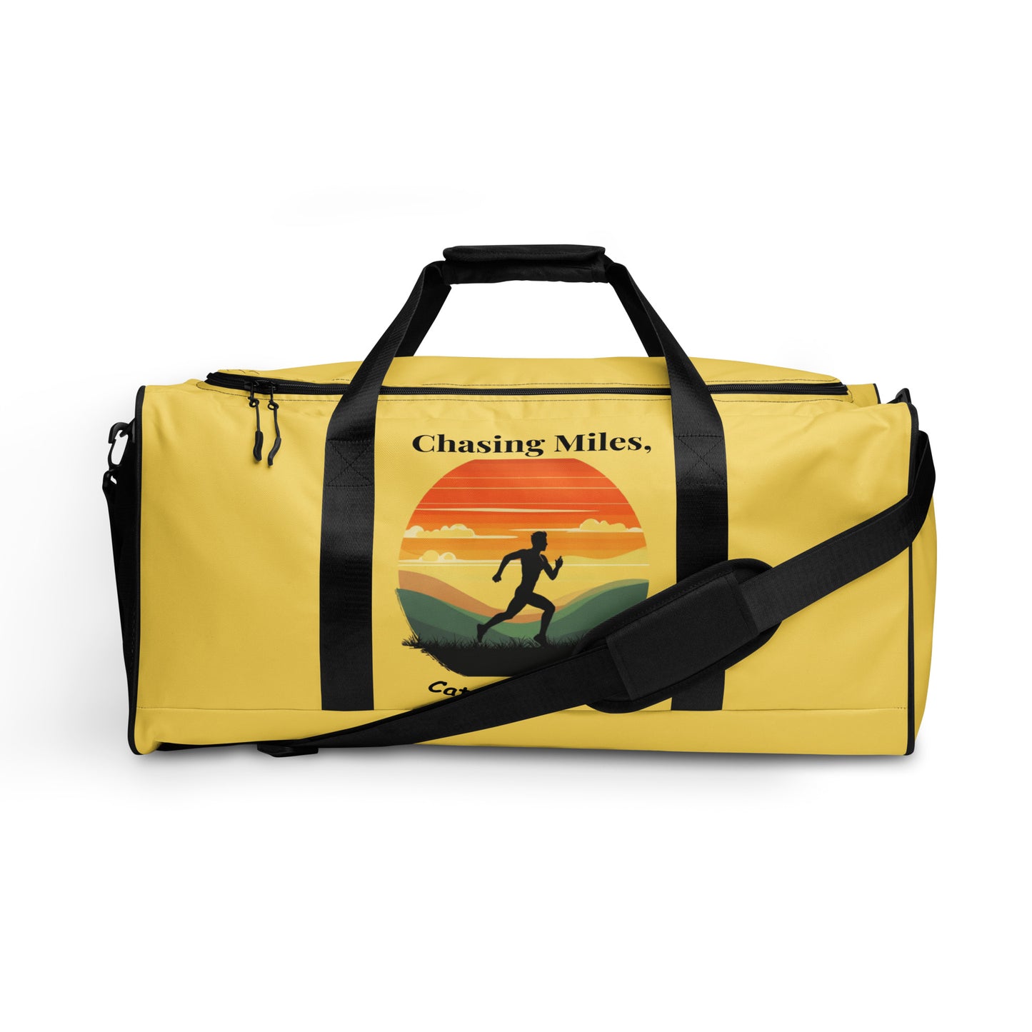 Yellow duffel bag with 'Chasing Miles' design on a white background
