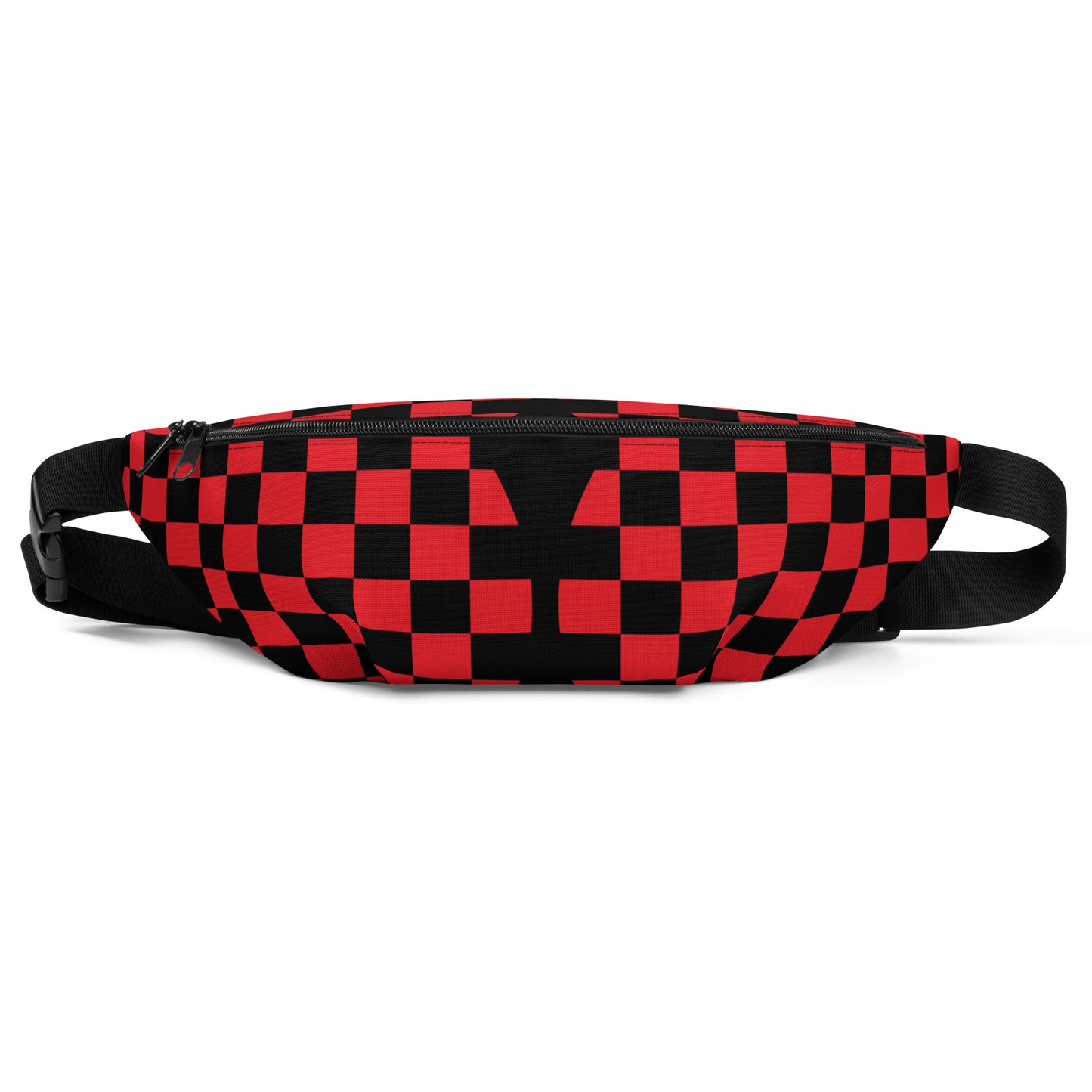 Red and black checkered fanny pack on a white background