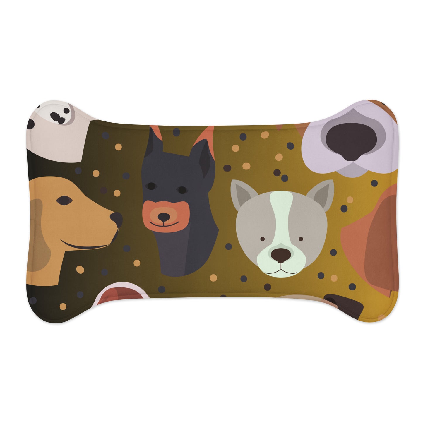Dog bone-shaped pillow with cartoon dog faces on a brown background