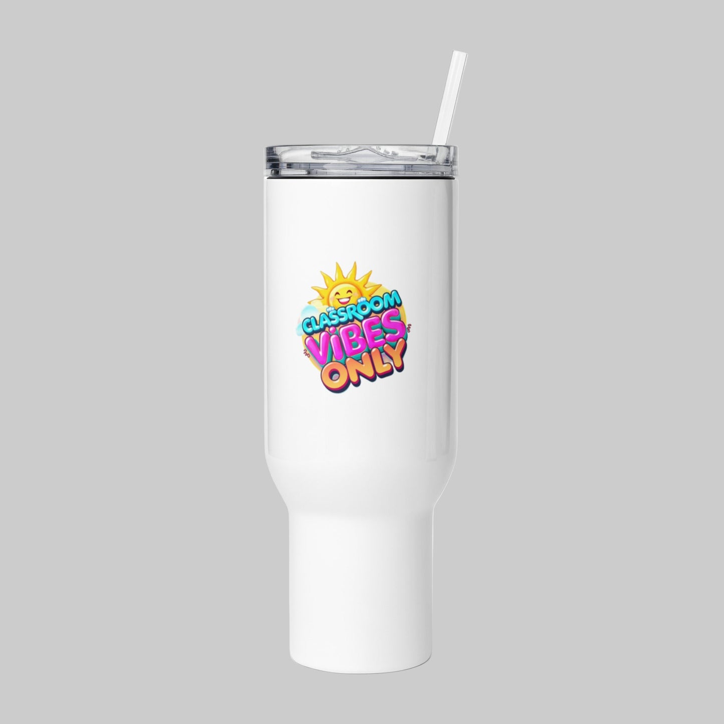 White tumbler with colorful text and a straw on a white background