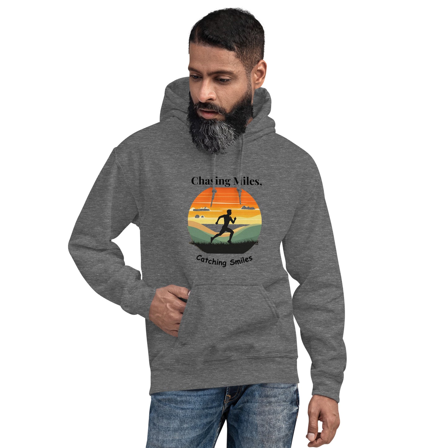 Man wearing a gray hoodie with a graphic design and text on a white background