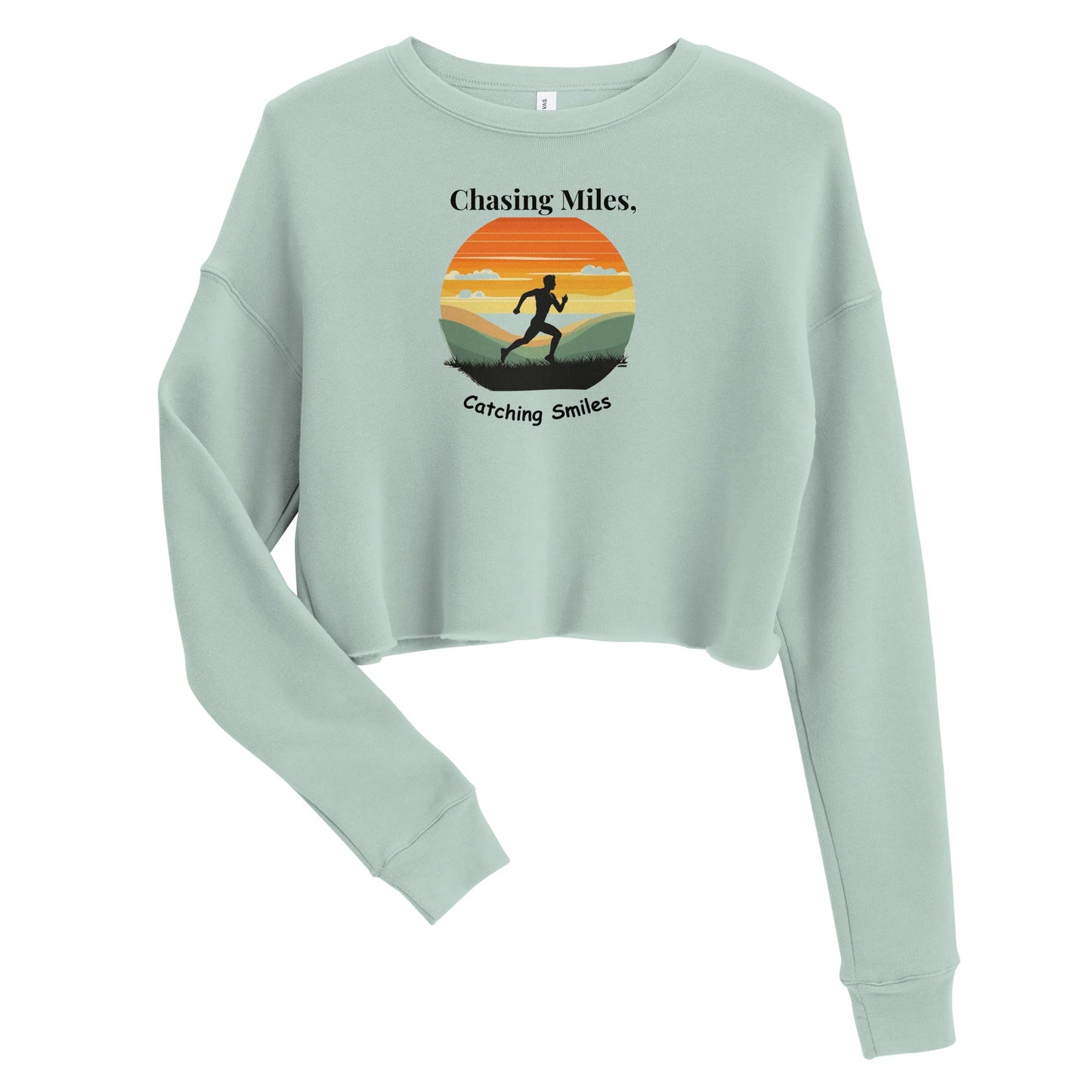 Light blue sweatshirt with a graphic design and text on a white background