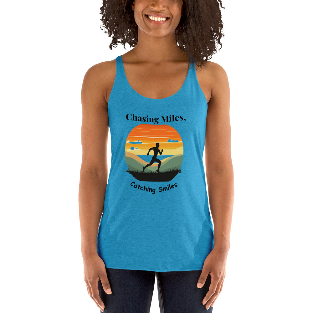 Woman wearing a blue tank top with a running design and text.
