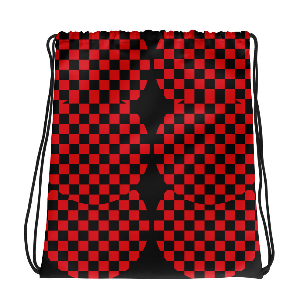 Drawstring bag with red and black checkered pattern