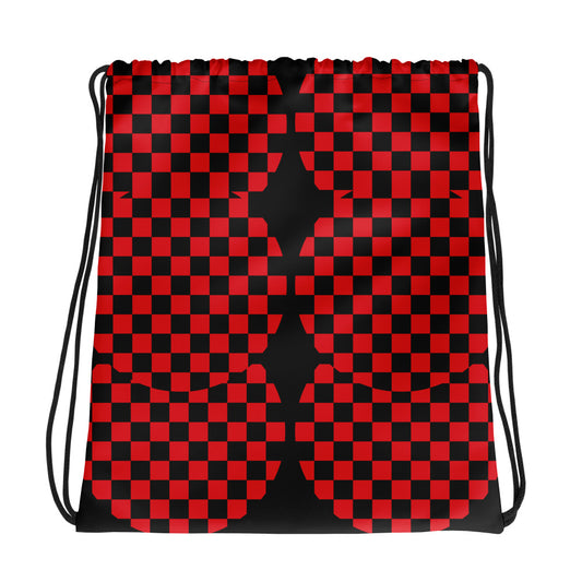 Drawstring bag with red and black checkered pattern