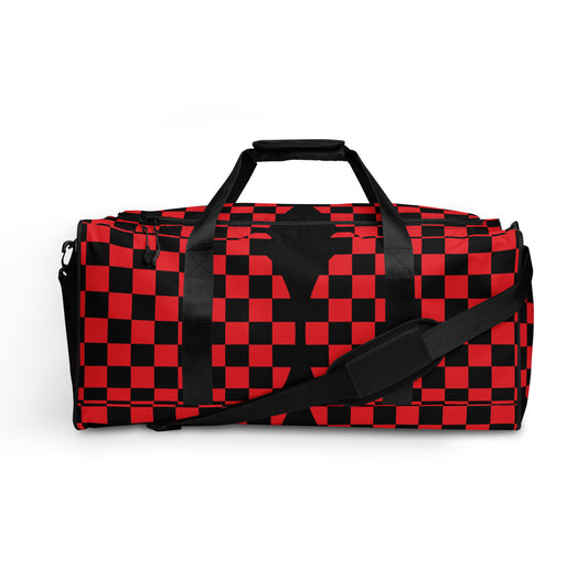 Red and black checkered duffel bag on a white background