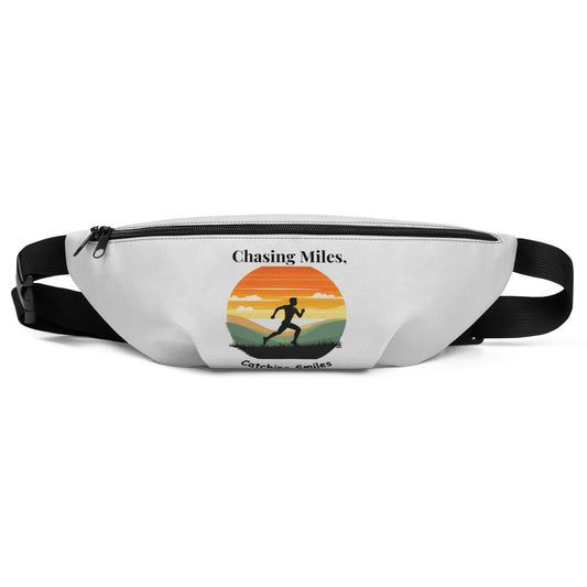 White fanny pack with 'Chasing Miles' design on a white background
