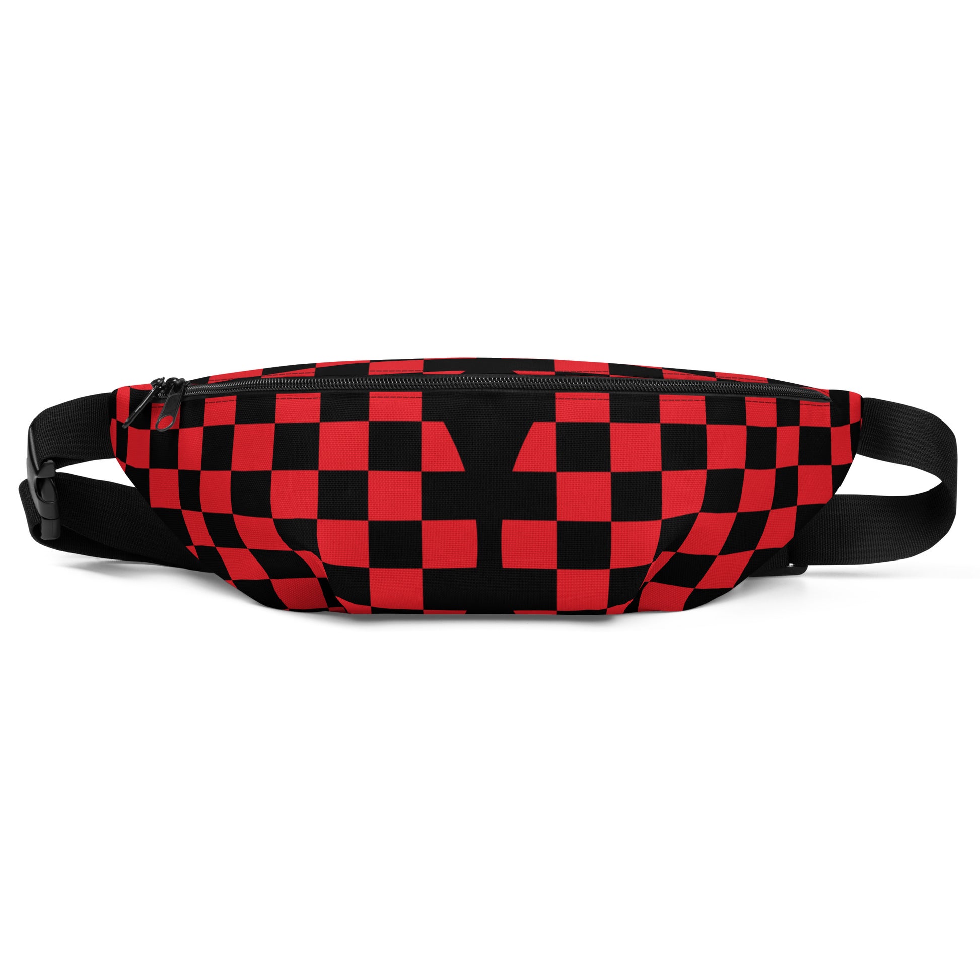 Red and black checkered fanny pack on a white background
