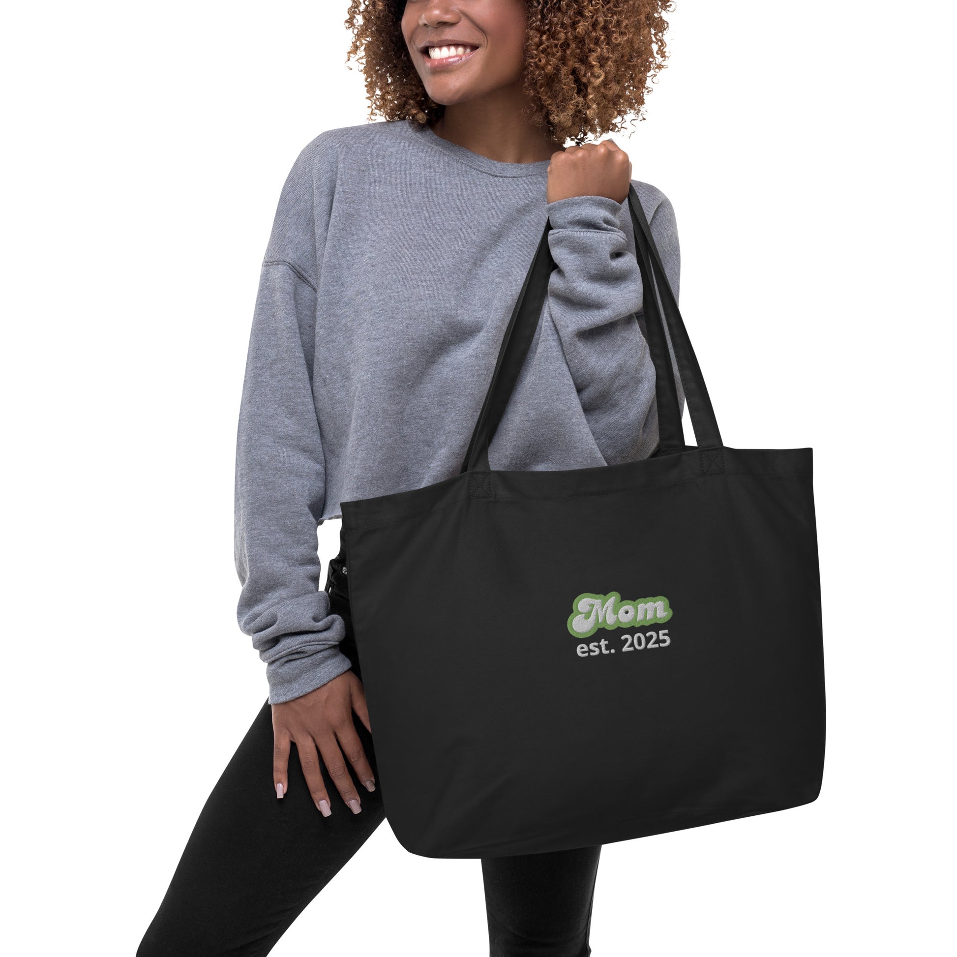 Mom est. 2025 | Black | Large Organic Tote Bag   - #tag1# - #tag2# - 