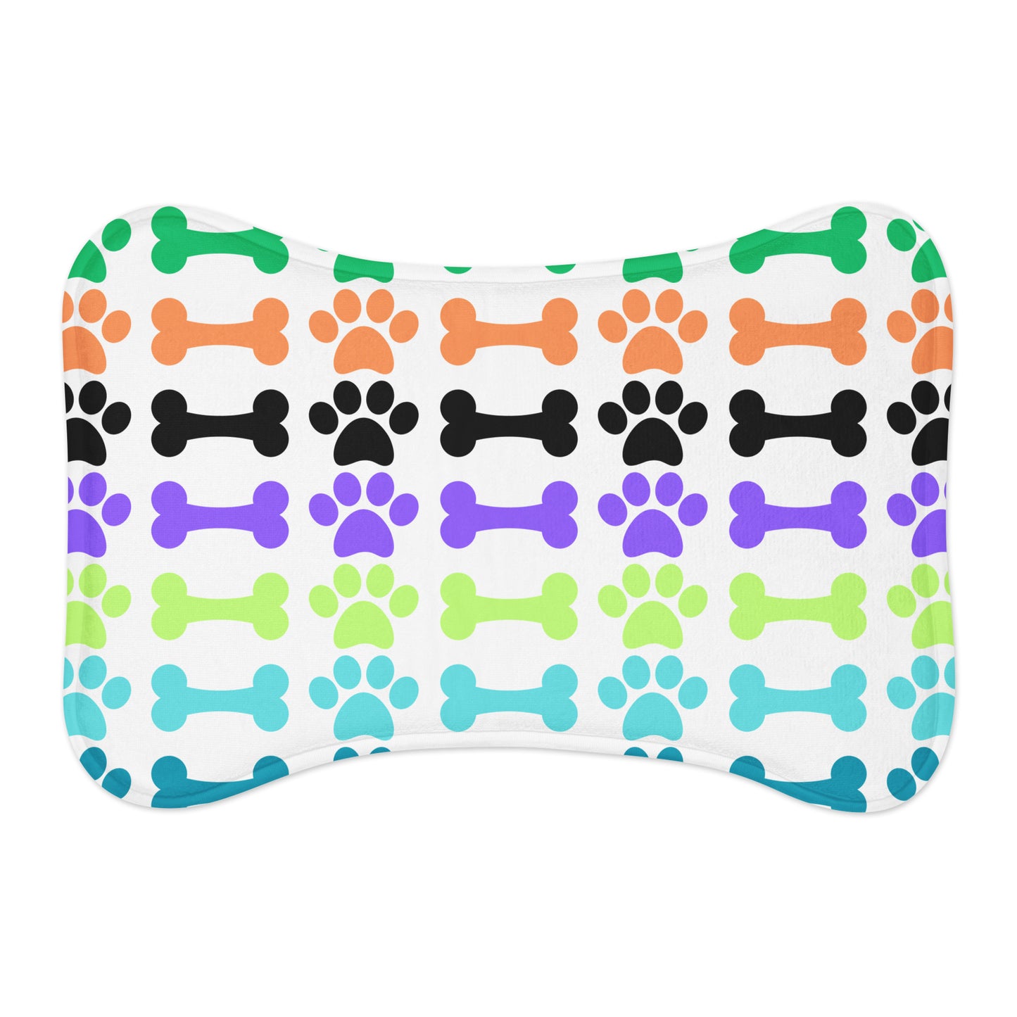 Dog food mat with a colorful bone and paw pattern on a white background