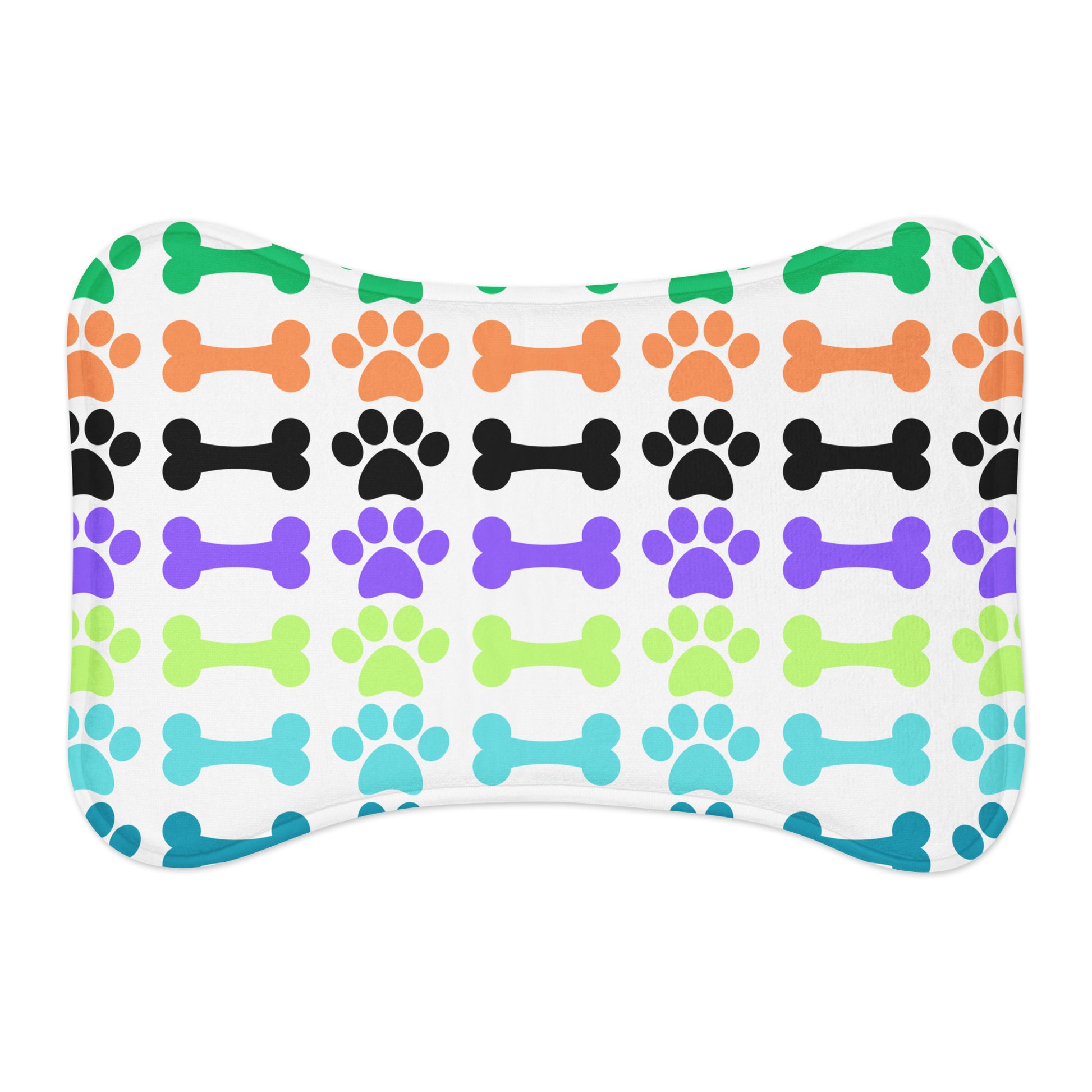 Dog food mat with a colorful bone and paw pattern on a white background
