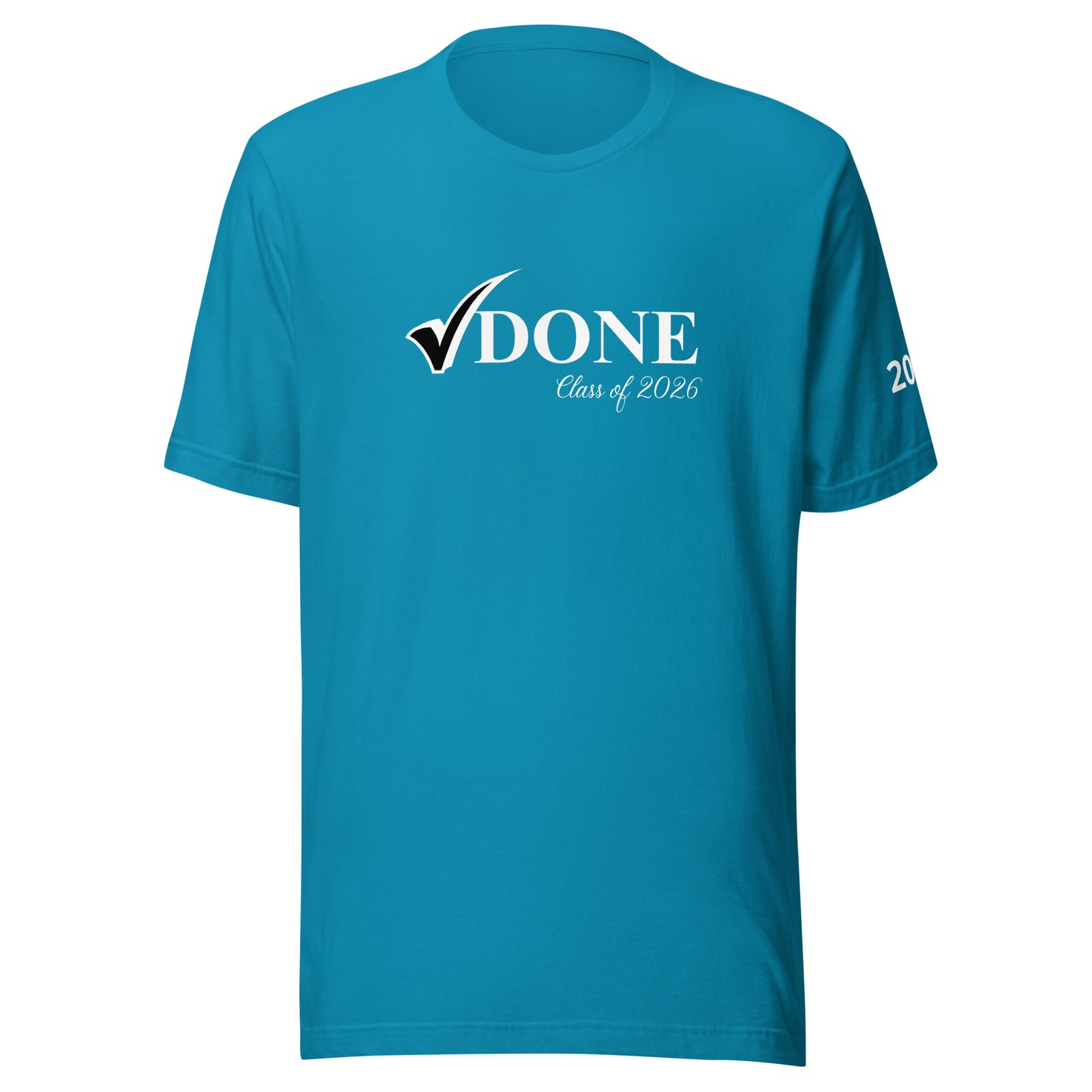 Blue t-shirt with 'DONE Class of 2020' text on a white background