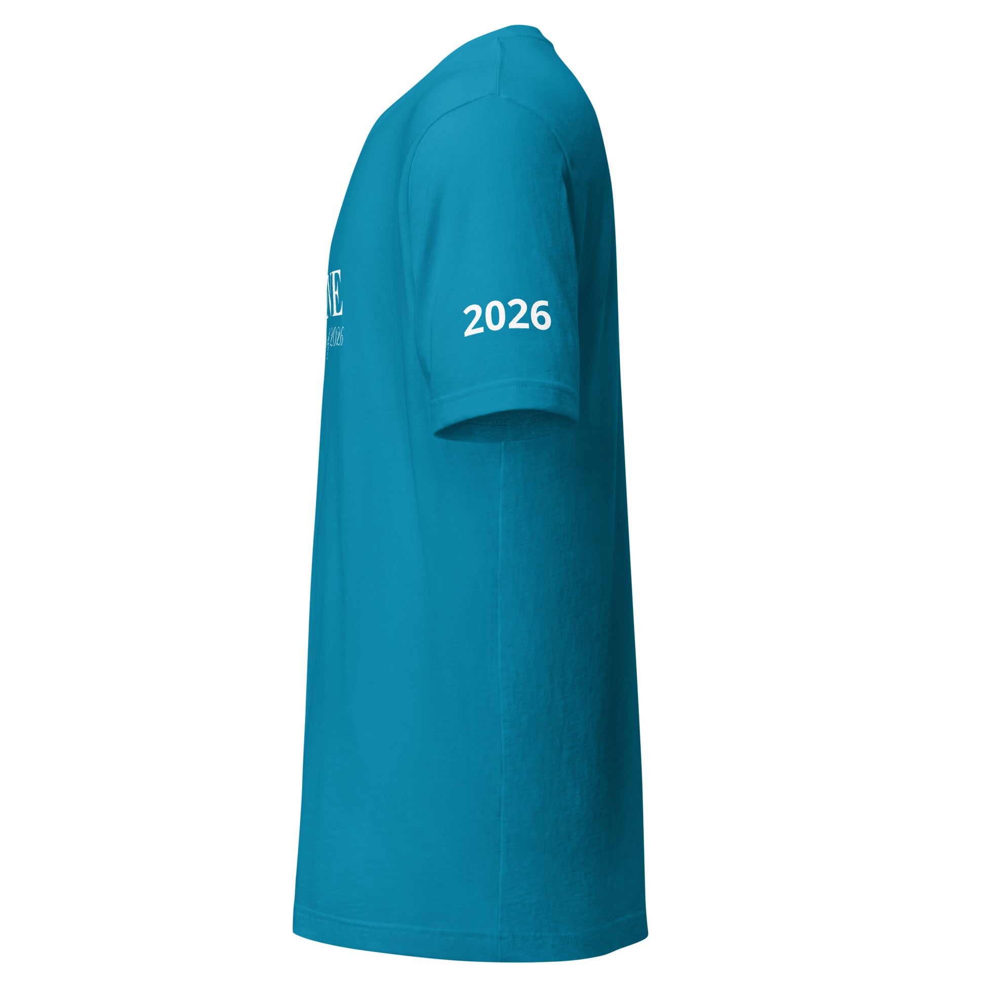 Blue t-shirt with '2026' printed on the sleeve against a white background