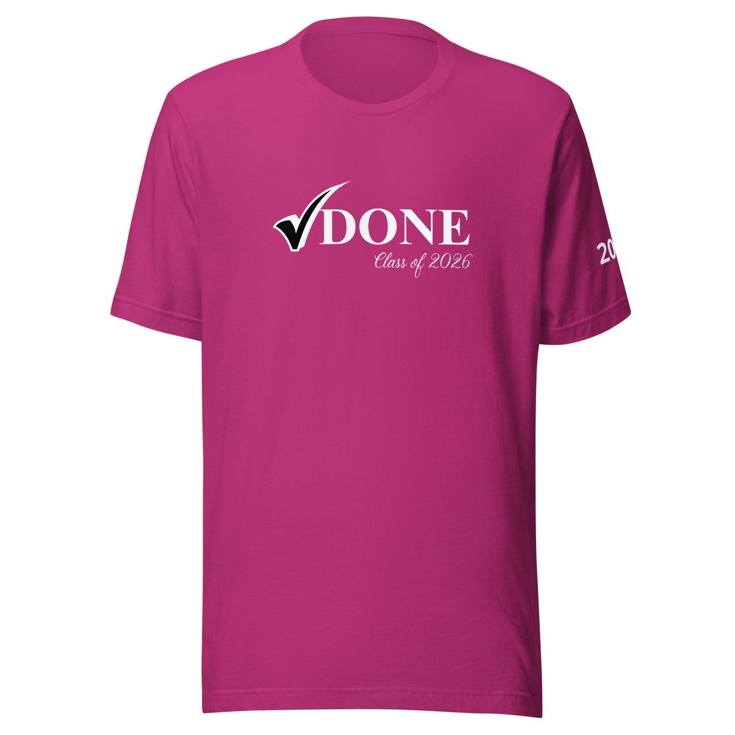Pink t-shirt with 'DONE Class of 2020' text on a white background
