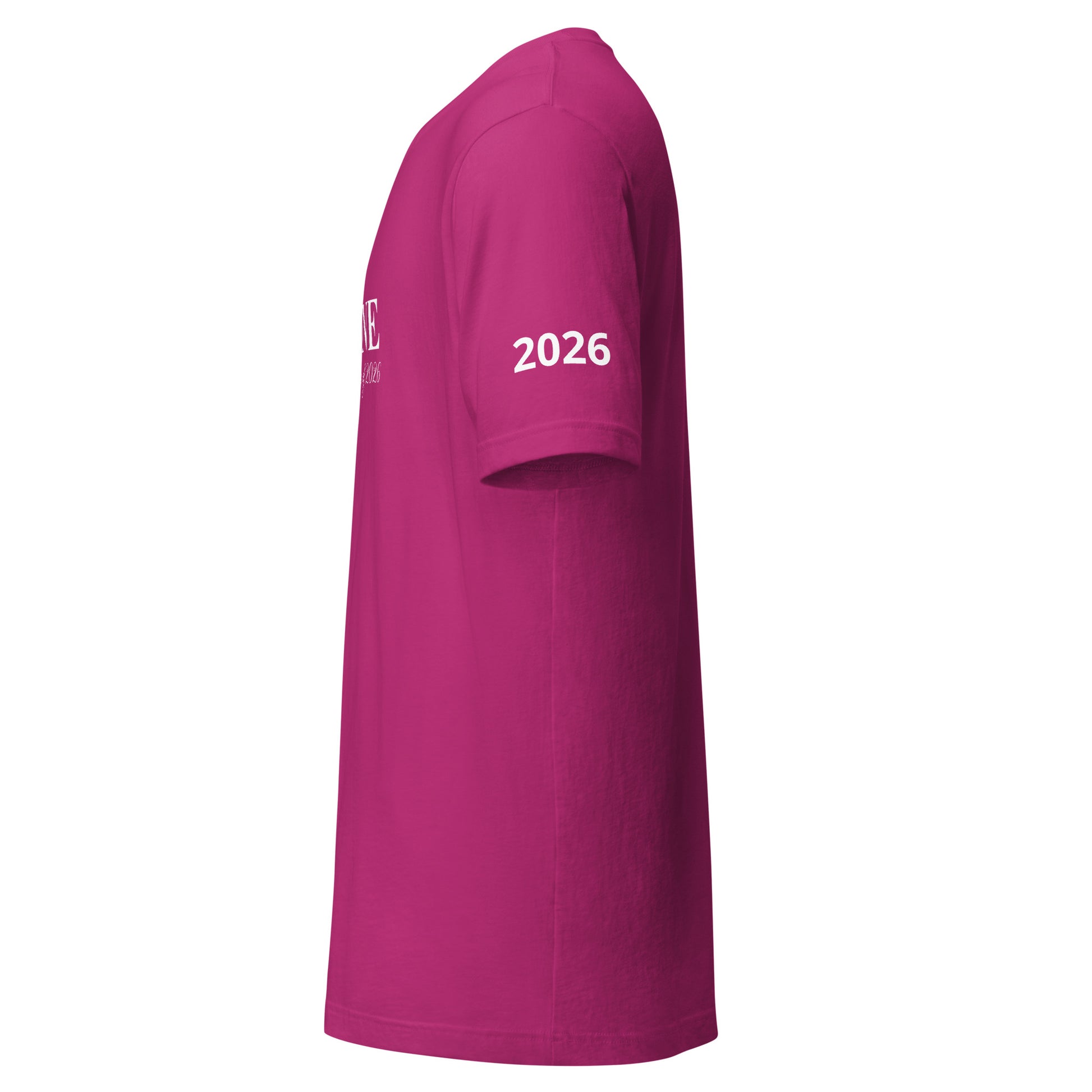 Magenta t-shirt with '2026' printed on a white background