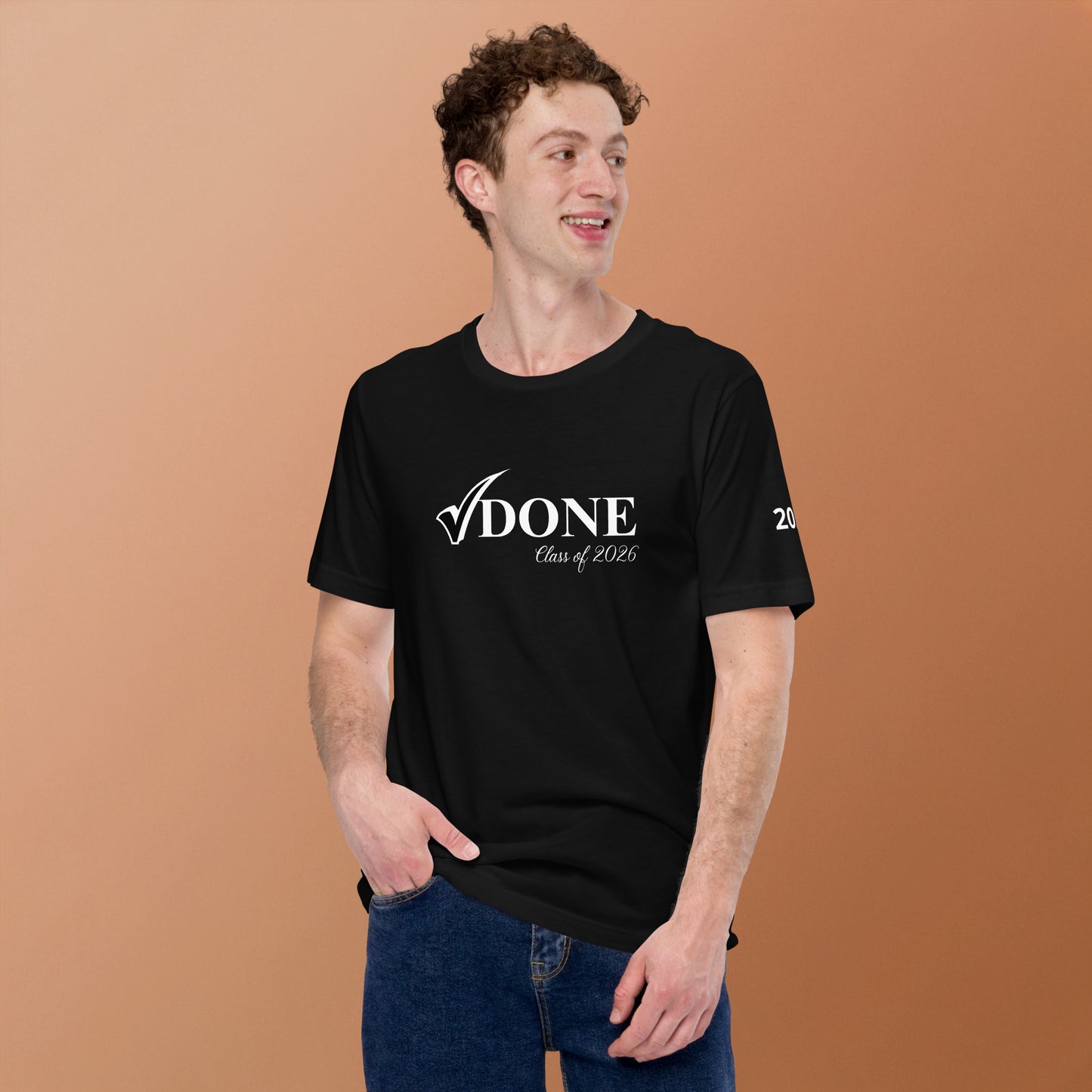 Person wearing a black t-shirt with 'DONE Class of 2023' text on a brown background