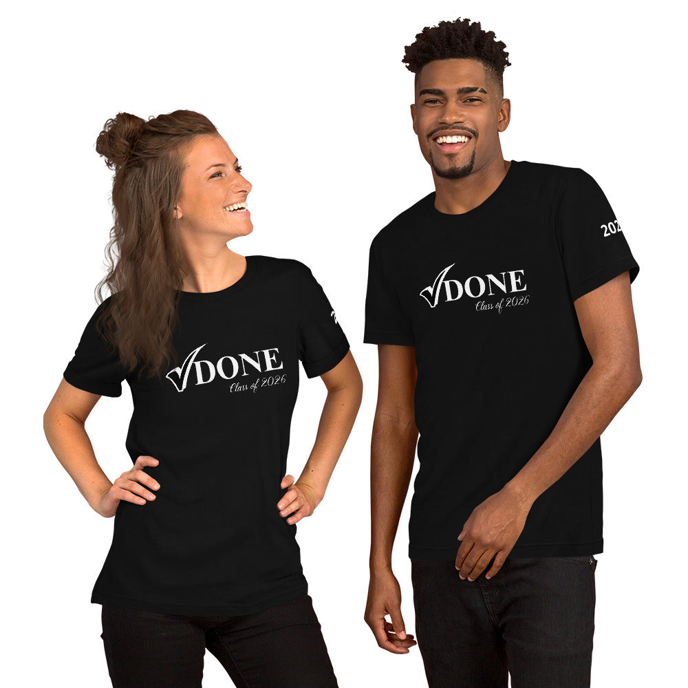 Two people wearing black t-shirts with 'DONE Class of 2021' text on a white background