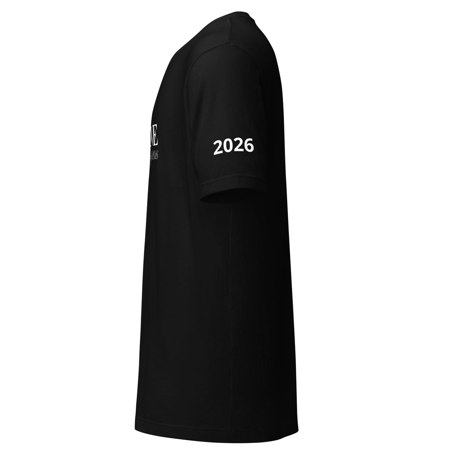 Black t-shirt with '2026' printed on the sleeve against a white background