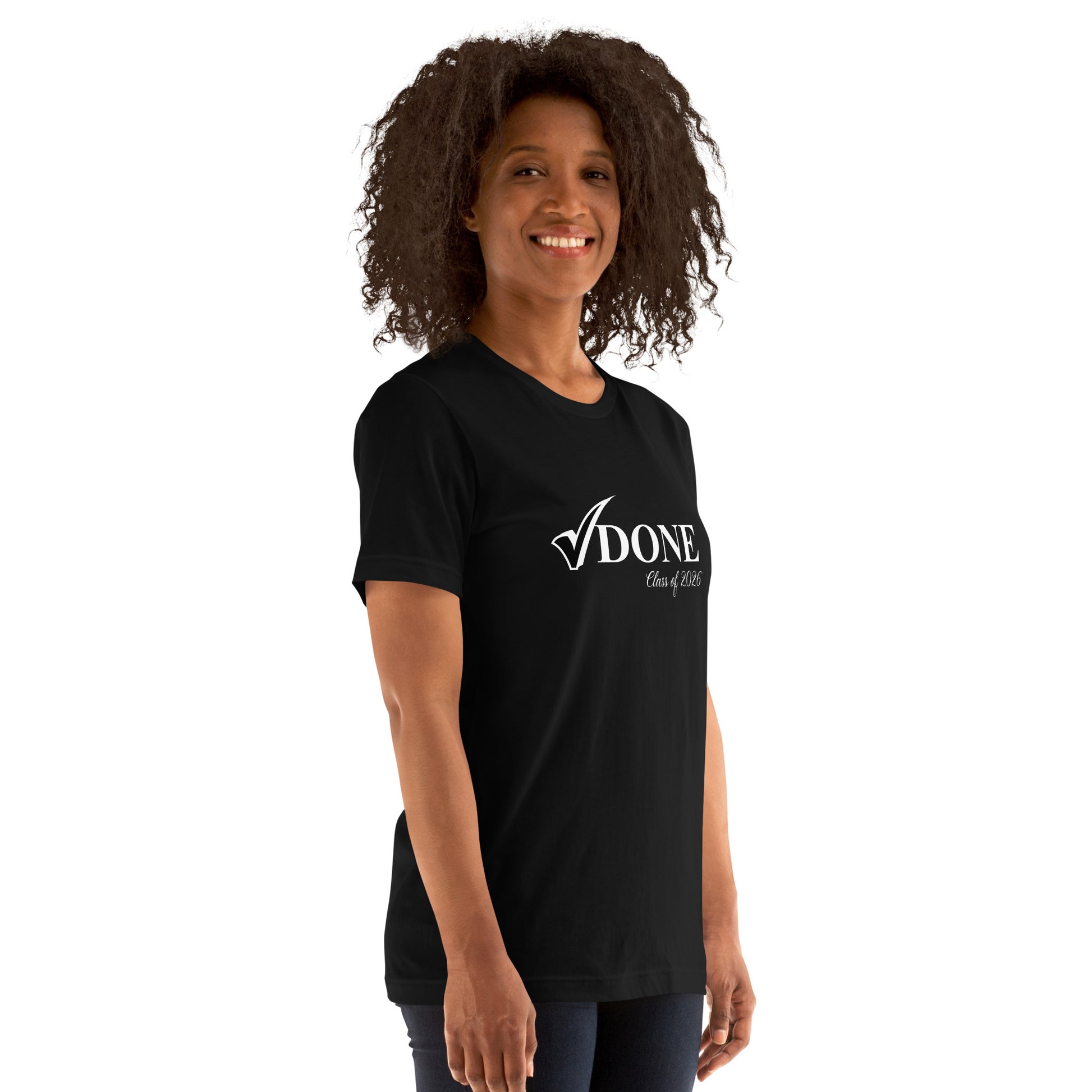 Person wearing a black t-shirt with 'DONE' logo on a white background