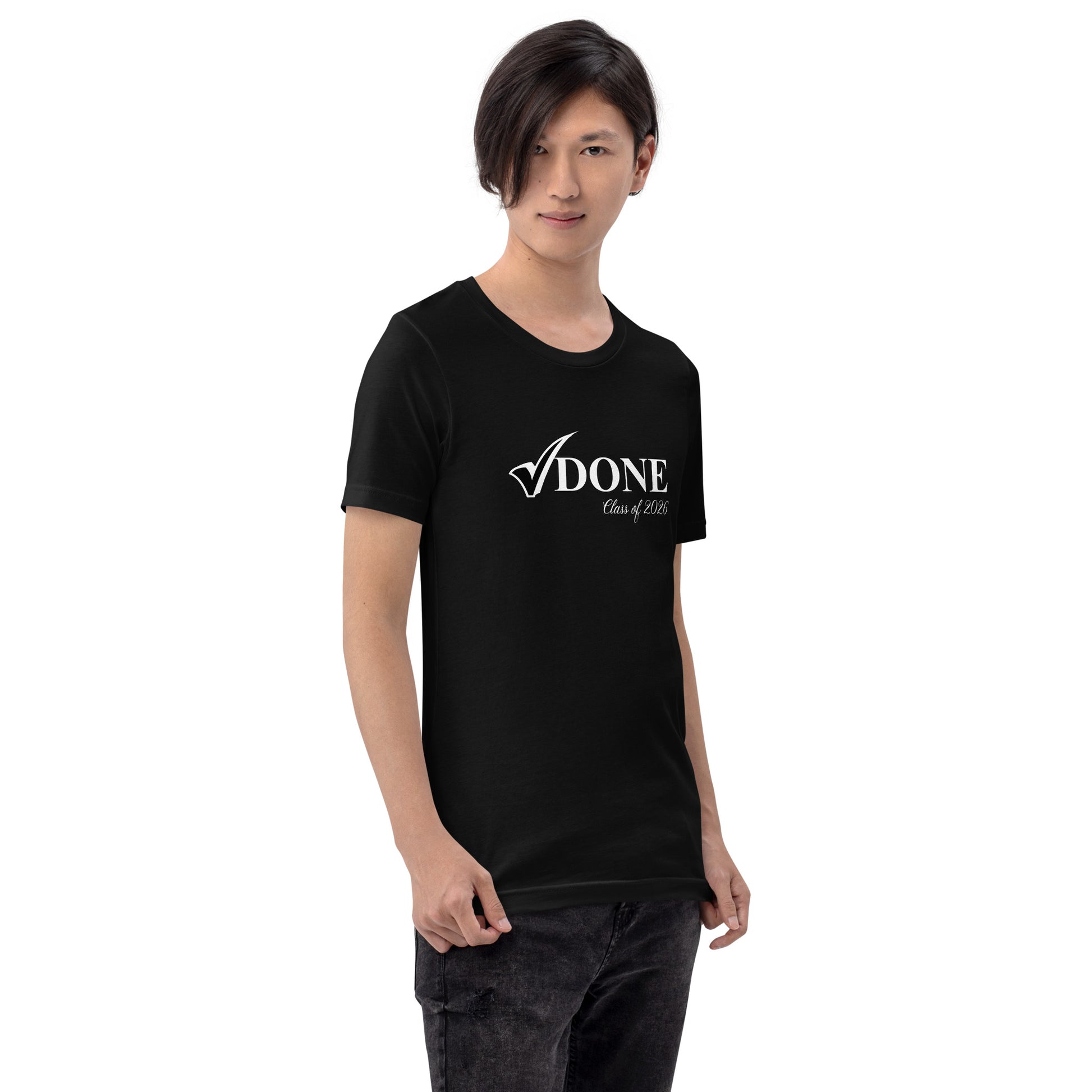 Person wearing a black t-shirt with 'DONE' logo on a white background