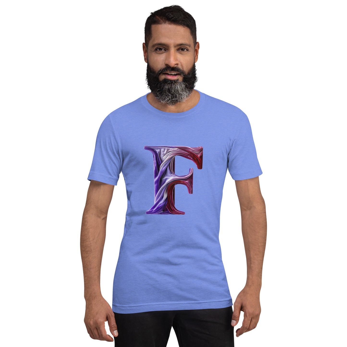 Man wearing a light blue t-shirt with a colorful letter 'F' design on a white background