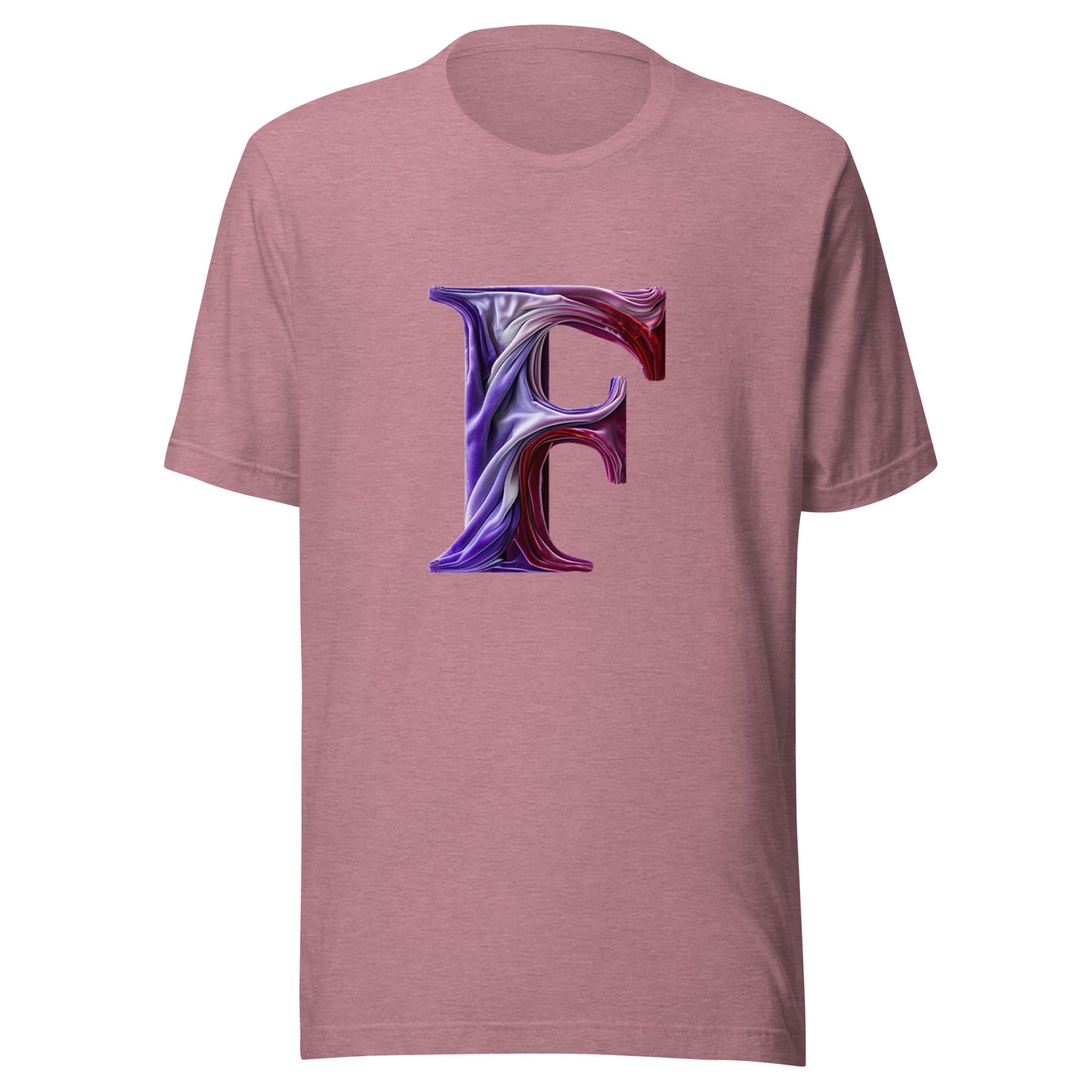 Pink t-shirt with a large letter 'F' design on a white background