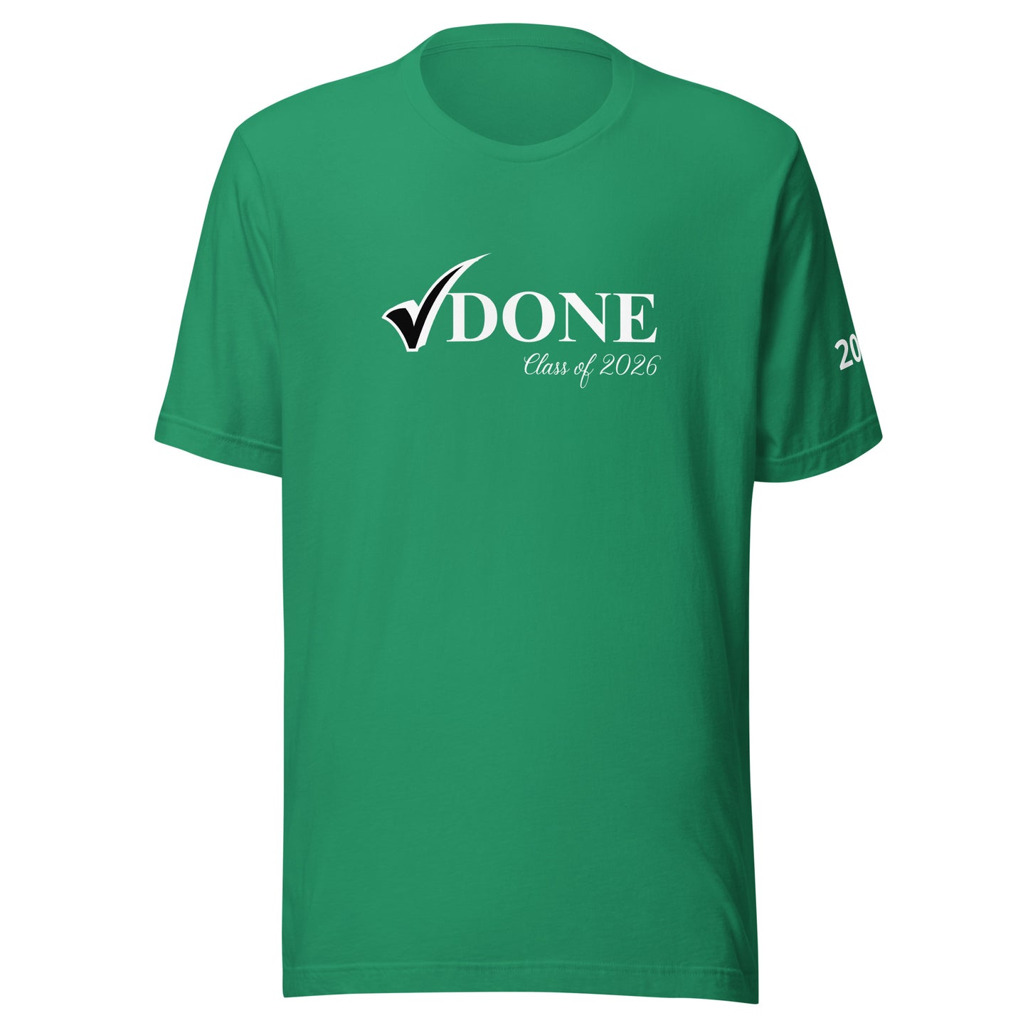 Green t-shirt with 'DONE Class of 2020' text on a white background