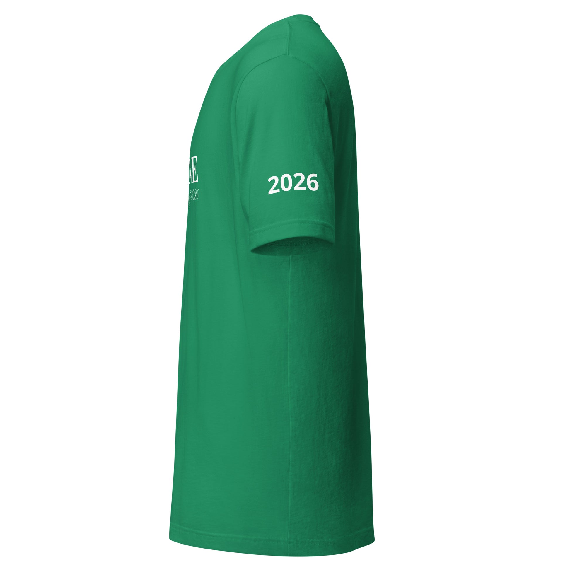 Green t-shirt with '2026' printed on the sleeve against a white background