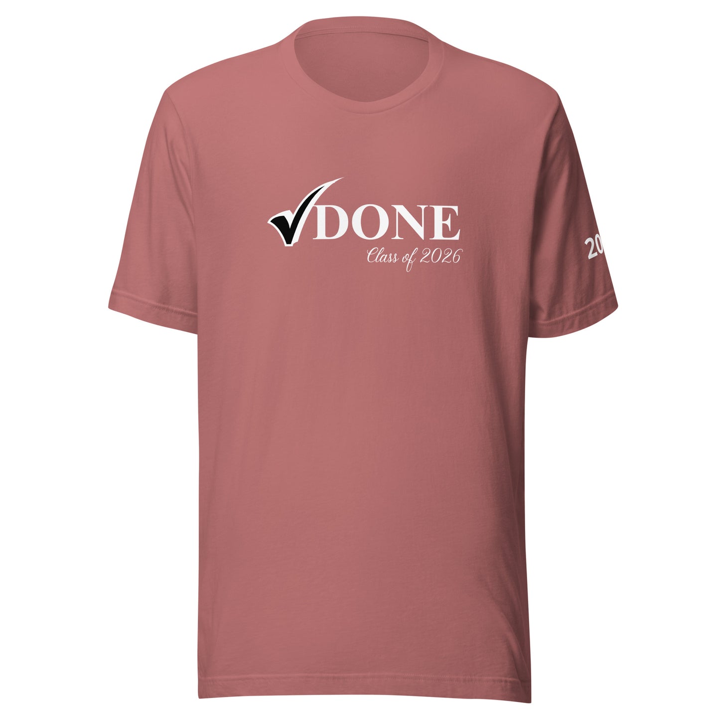 Maroon t-shirt with 'DONE Class of 2021' text on a white background
