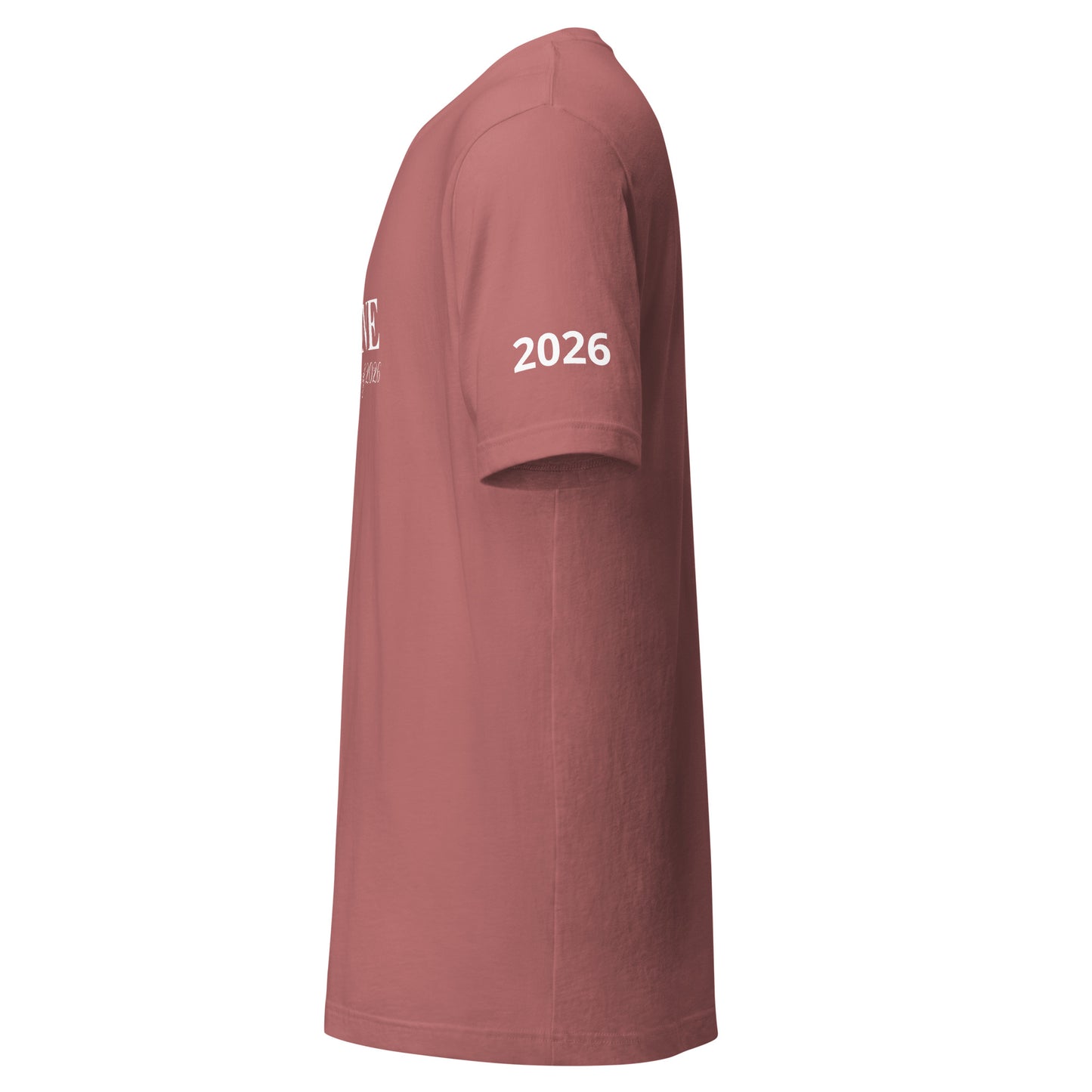 Maroon t-shirt with '2026' printed on a white background