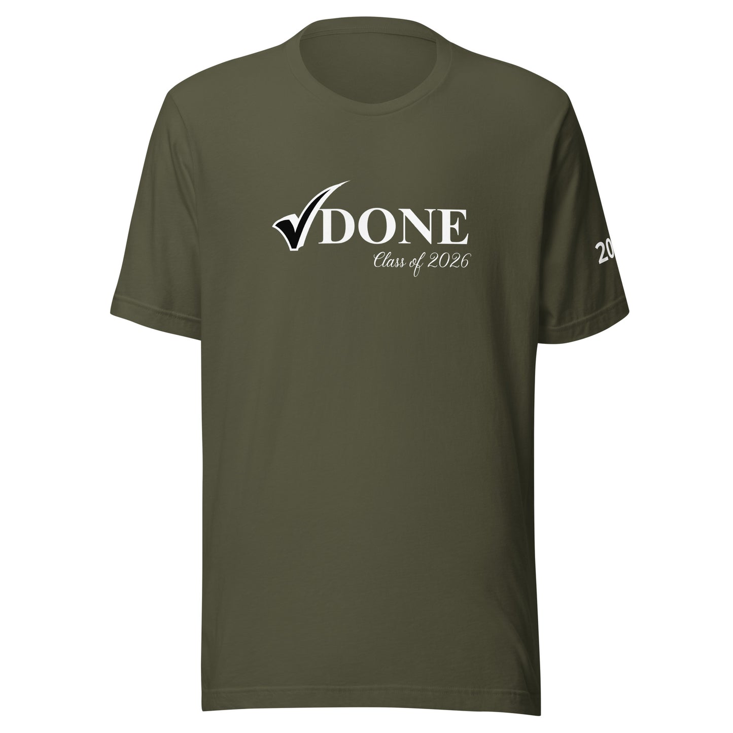 Green t-shirt with 'DONE Class of 2026' text on a white background
