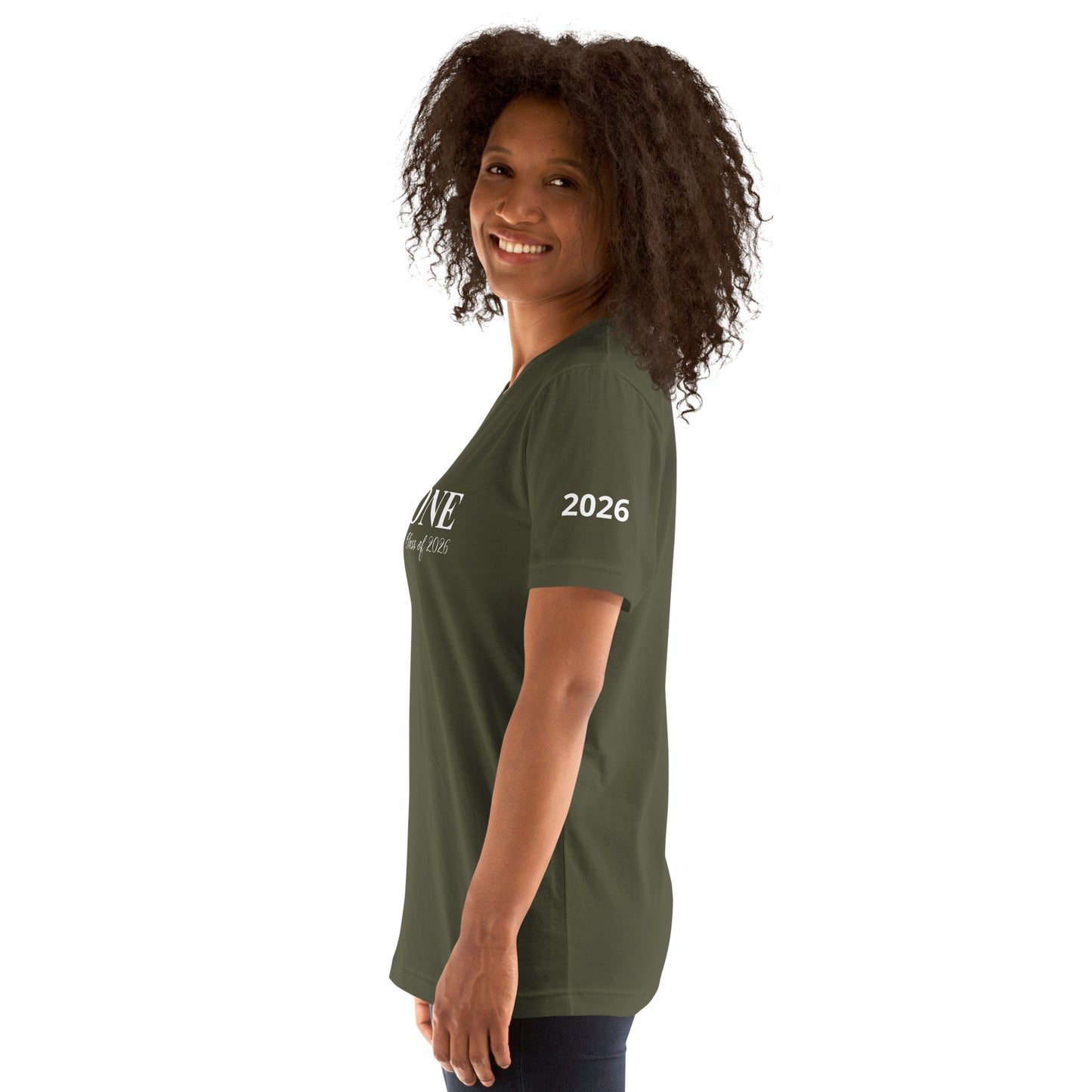 Person wearing a green t-shirt with '2026' printed on it, standing against a white background