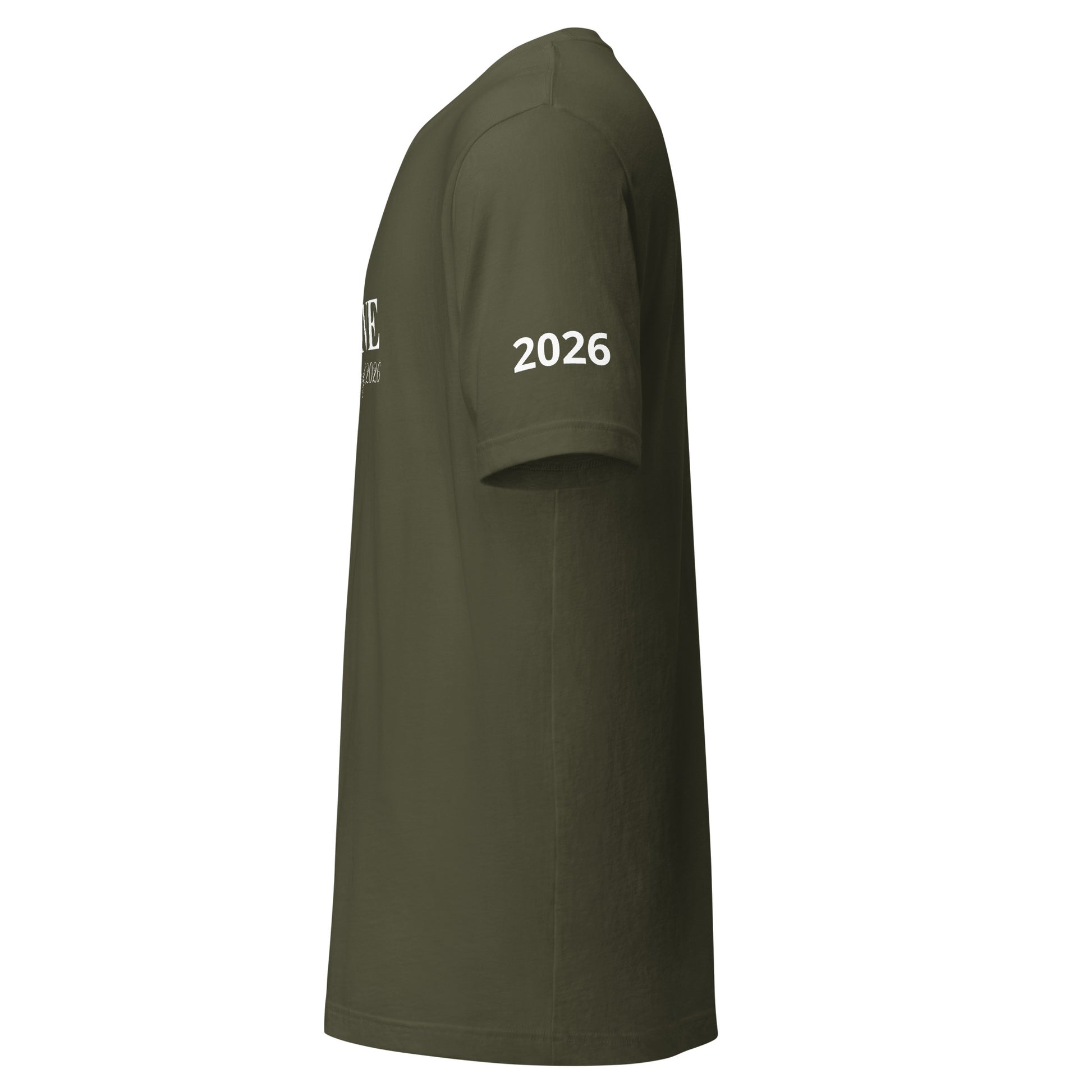 Green t-shirt with '2026' printed on the sleeve against a white background
