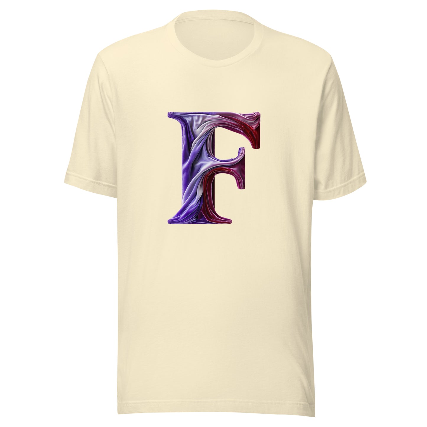 Beige t-shirt with a large purple letter 'F' on a white background