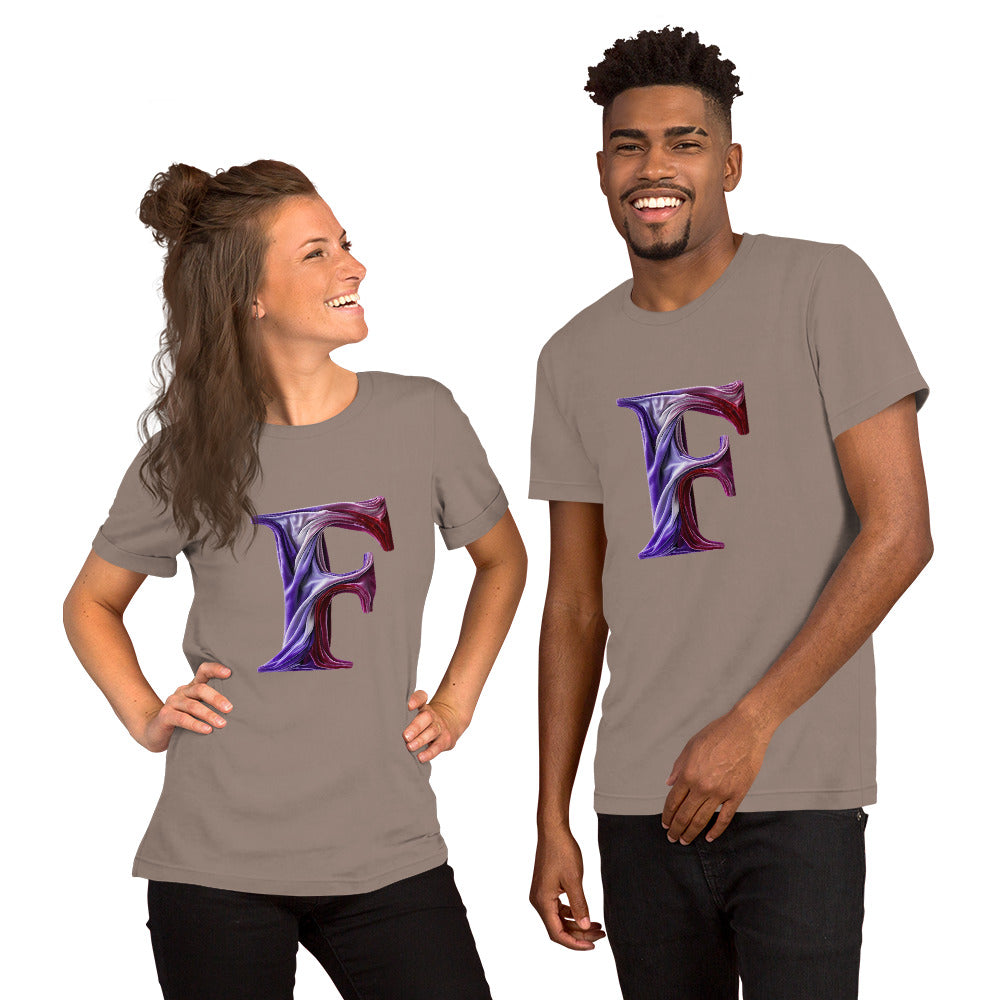 Two people wearing matching brown t-shirts with a purple and red 'F' design on a white background.