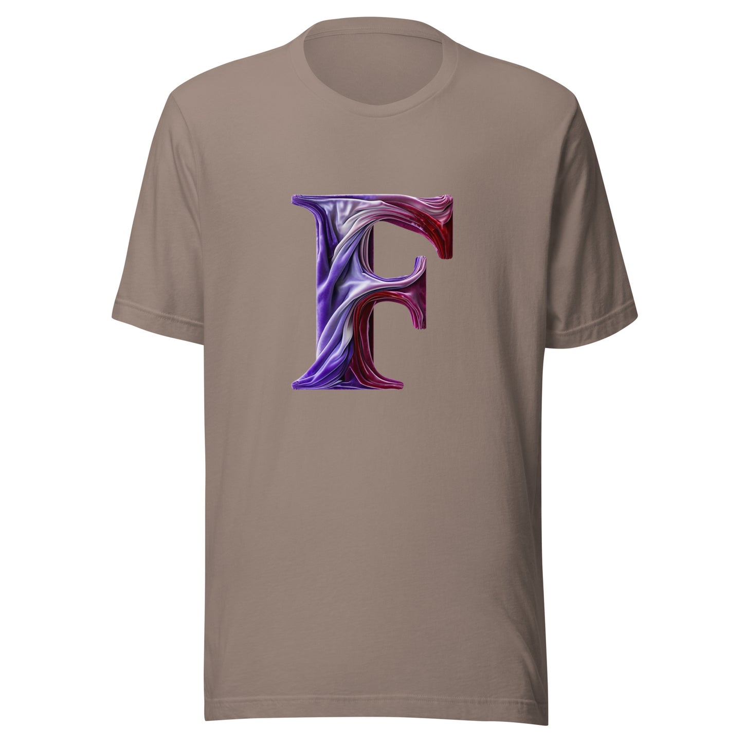 Brown t-shirt with a large, colorful letter 'F' on a white background