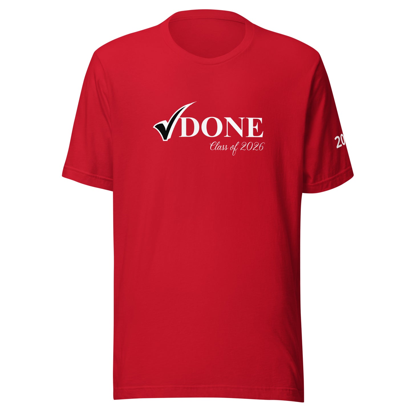 Red t-shirt with 'DONE Class of 2020' text on a white background