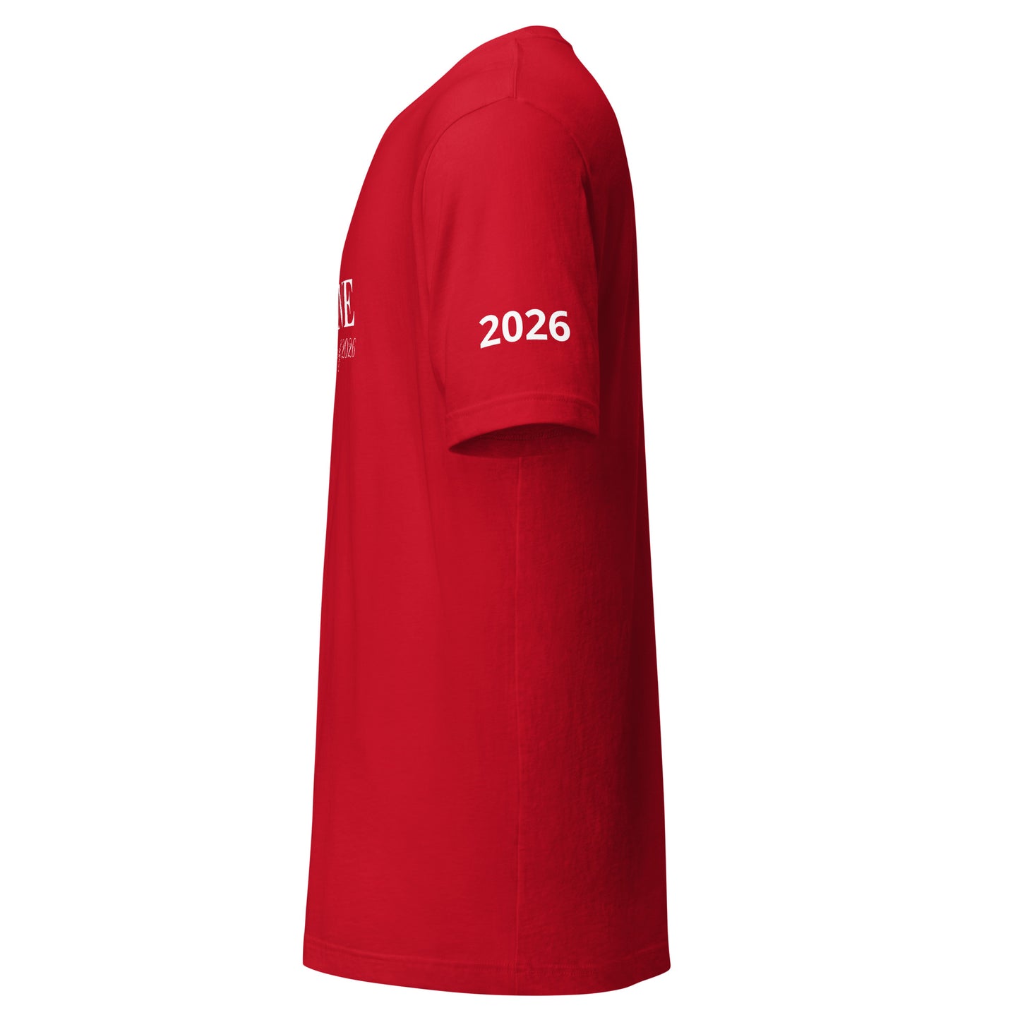 Red t-shirt with '2026' printed on a white background