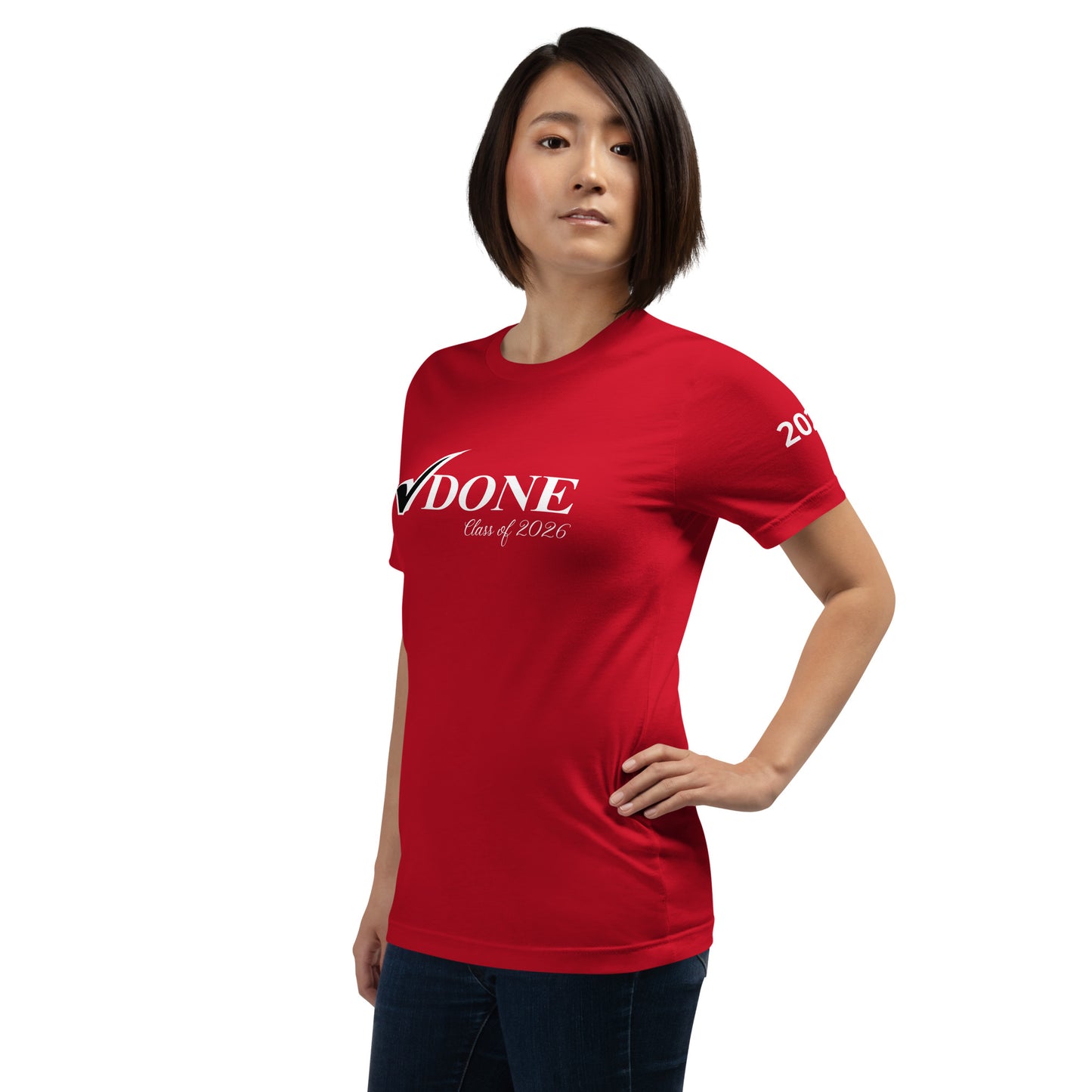 Person wearing a red t-shirt with 'DONE' and 'Class of 2026' text on a white background