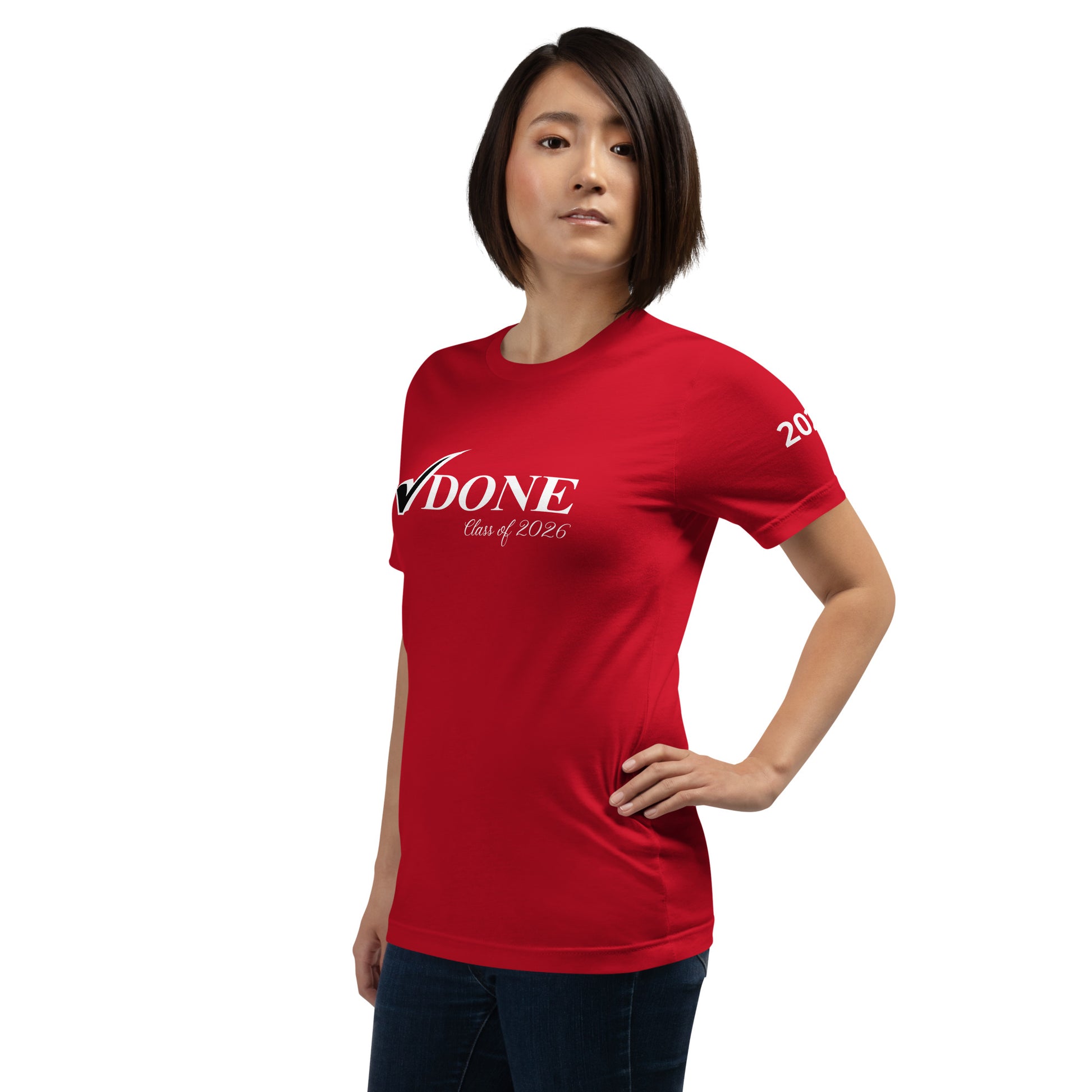 Person wearing a red t-shirt with 'DONE' and 'Class of 2026' text on a white background