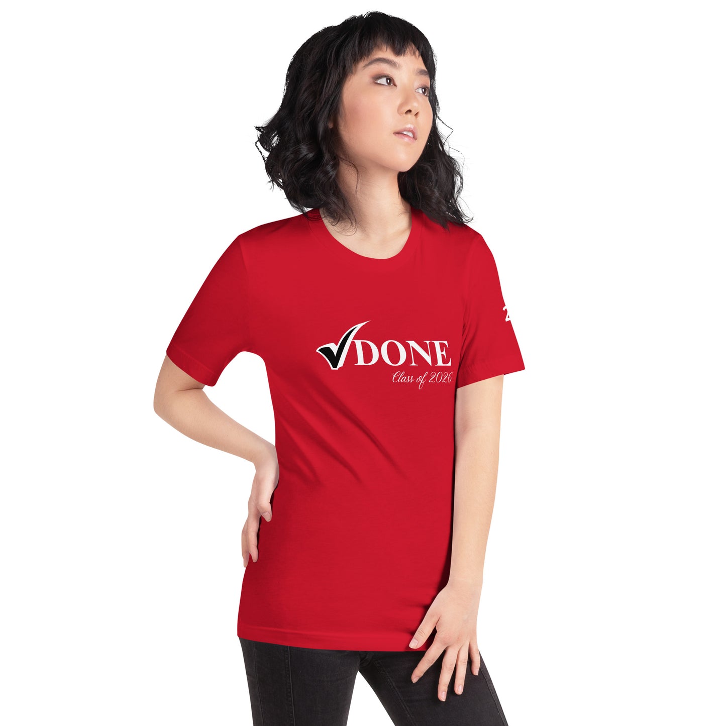 Person wearing a red t-shirt with 'DONE' logo on a white background
