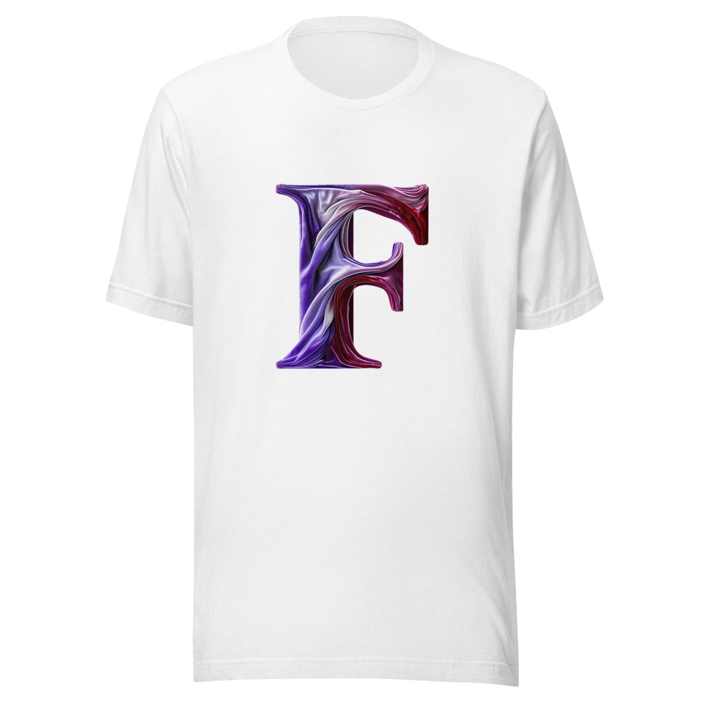 White t-shirt with a large letter 'F' design on a white background