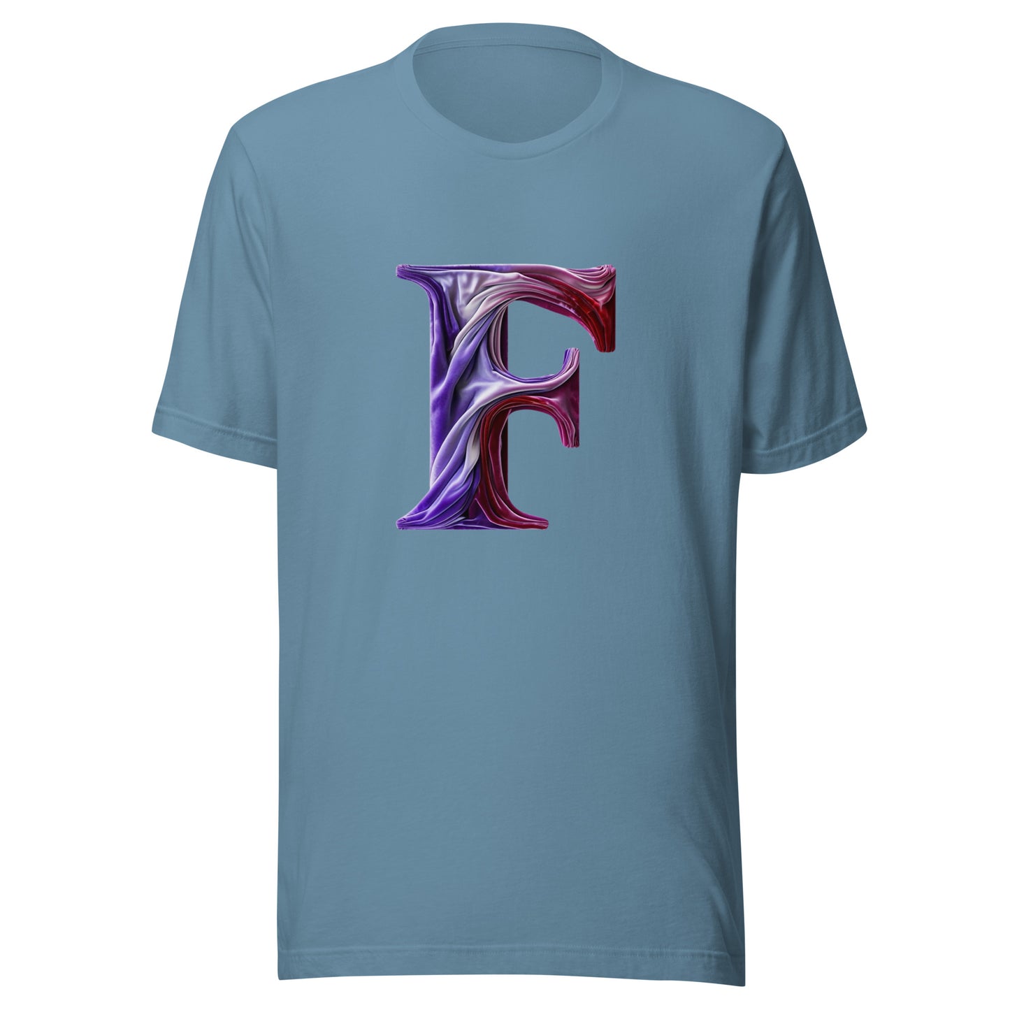 Blue t-shirt with a large purple letter 'F' on a white background
