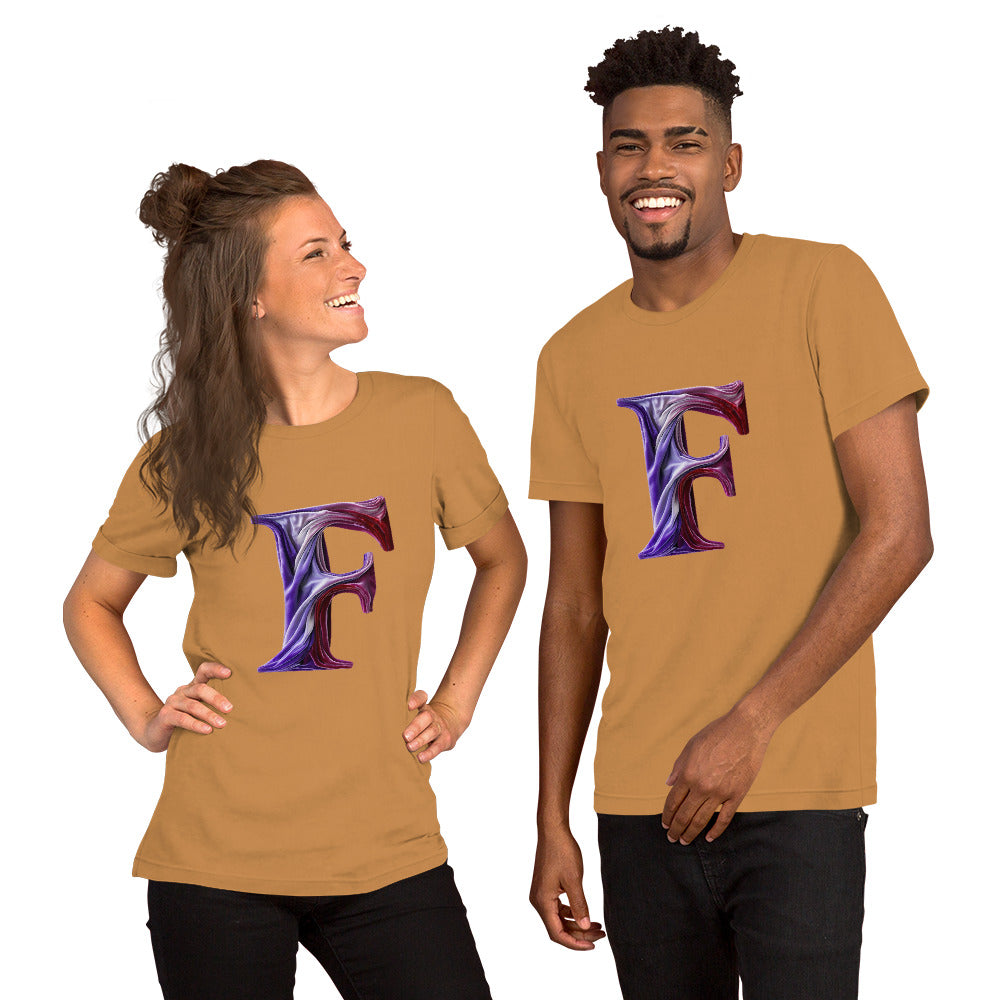 Two people wearing tan t-shirts with a purple 'F' design on a white background