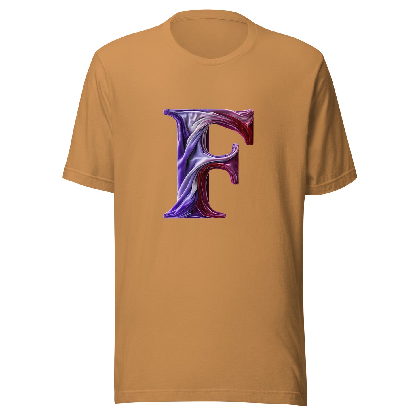 Brown t-shirt with a large purple letter 'F' on a white background