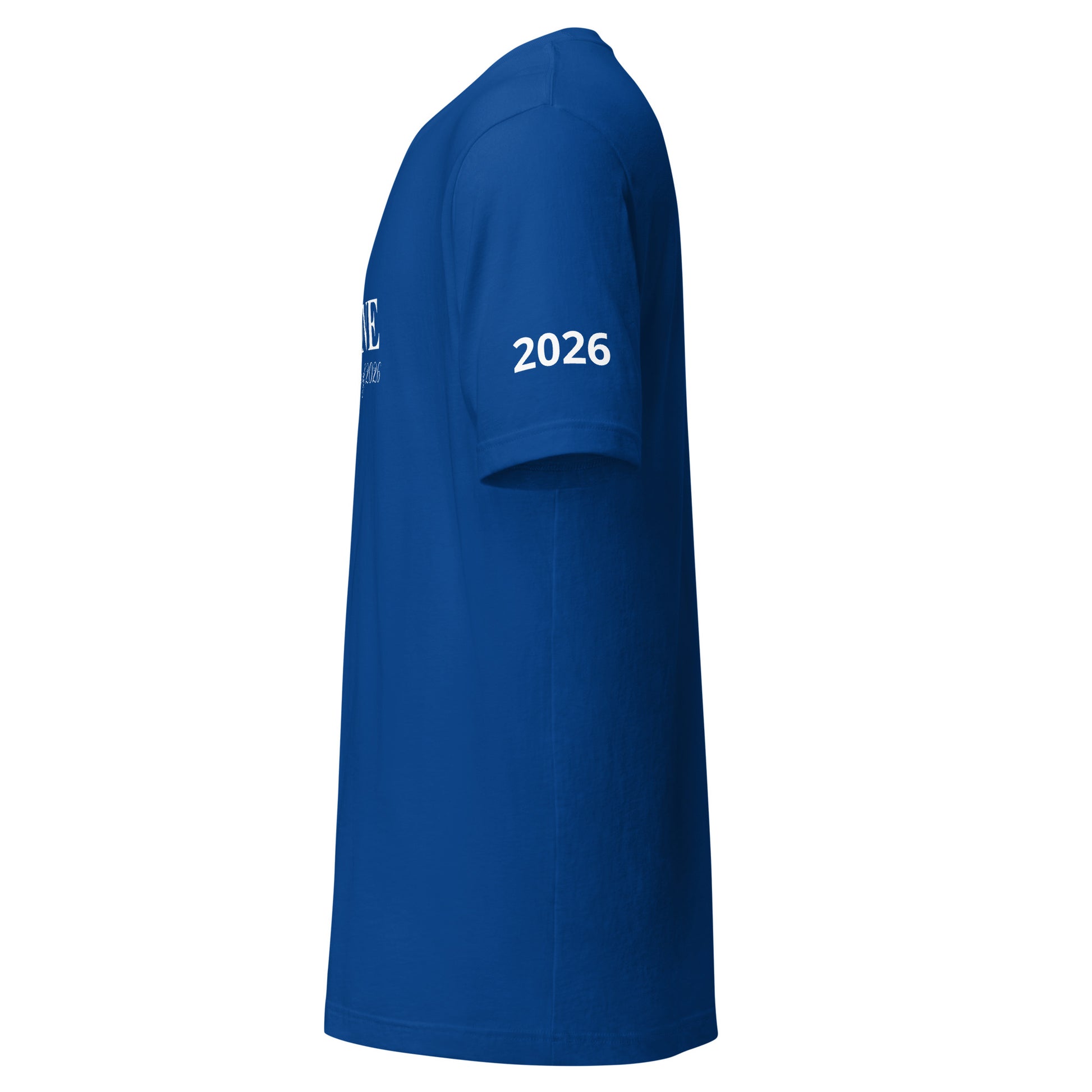 Blue t-shirt with '2026' printed on the sleeve against a white background