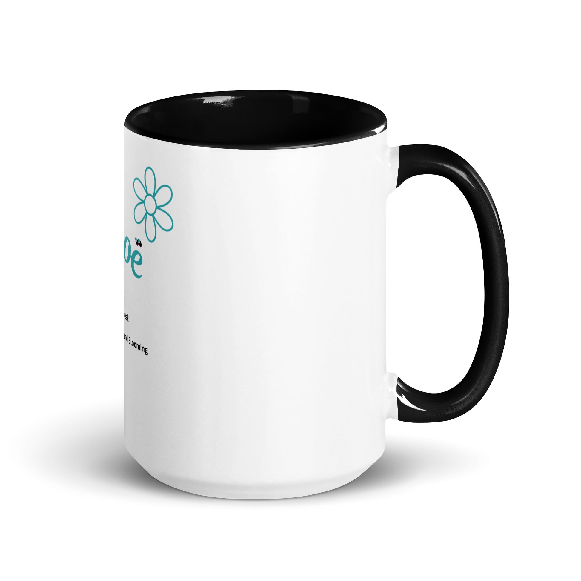 A white ceramic mug with a blue and teal floral design on the side, featuring the name 'Chloe' and the text 'Original Greek Mastic and Borage'.
