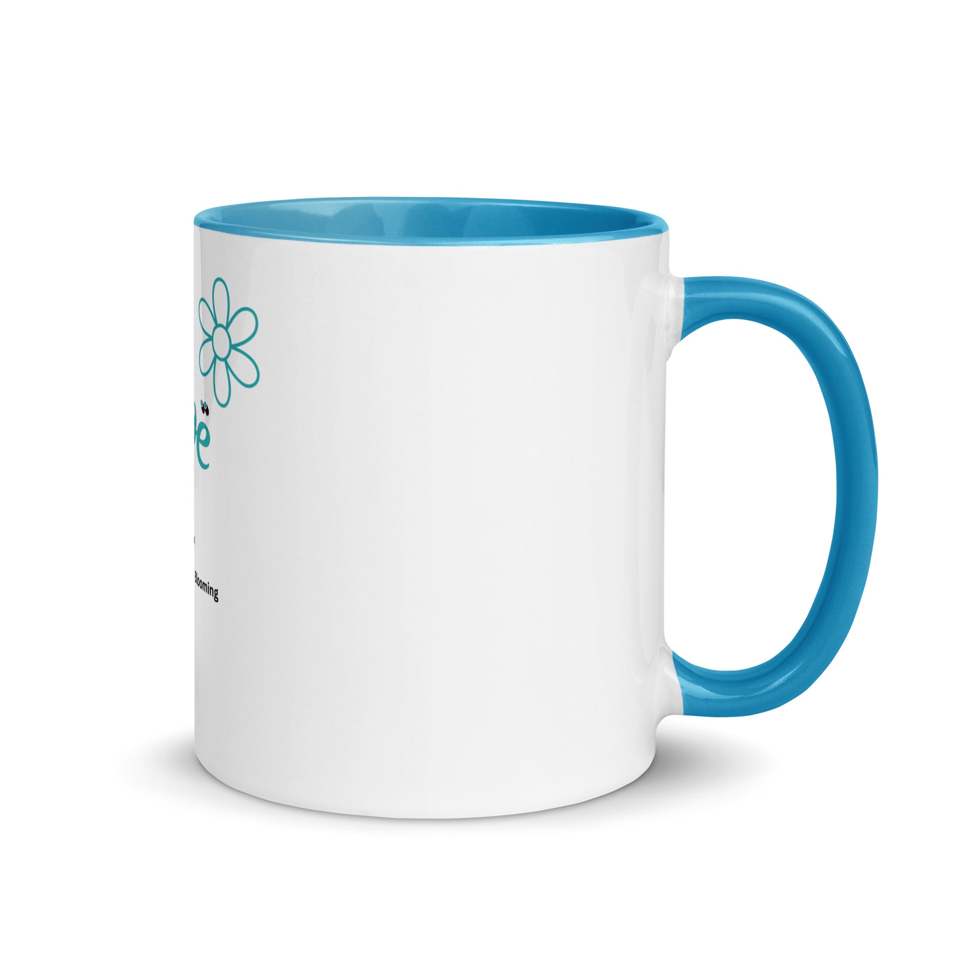 A white ceramic mug with a blue and teal floral design on the side, featuring the name 'Chloe' and the text 'Original Greek Mastic and Borage'.