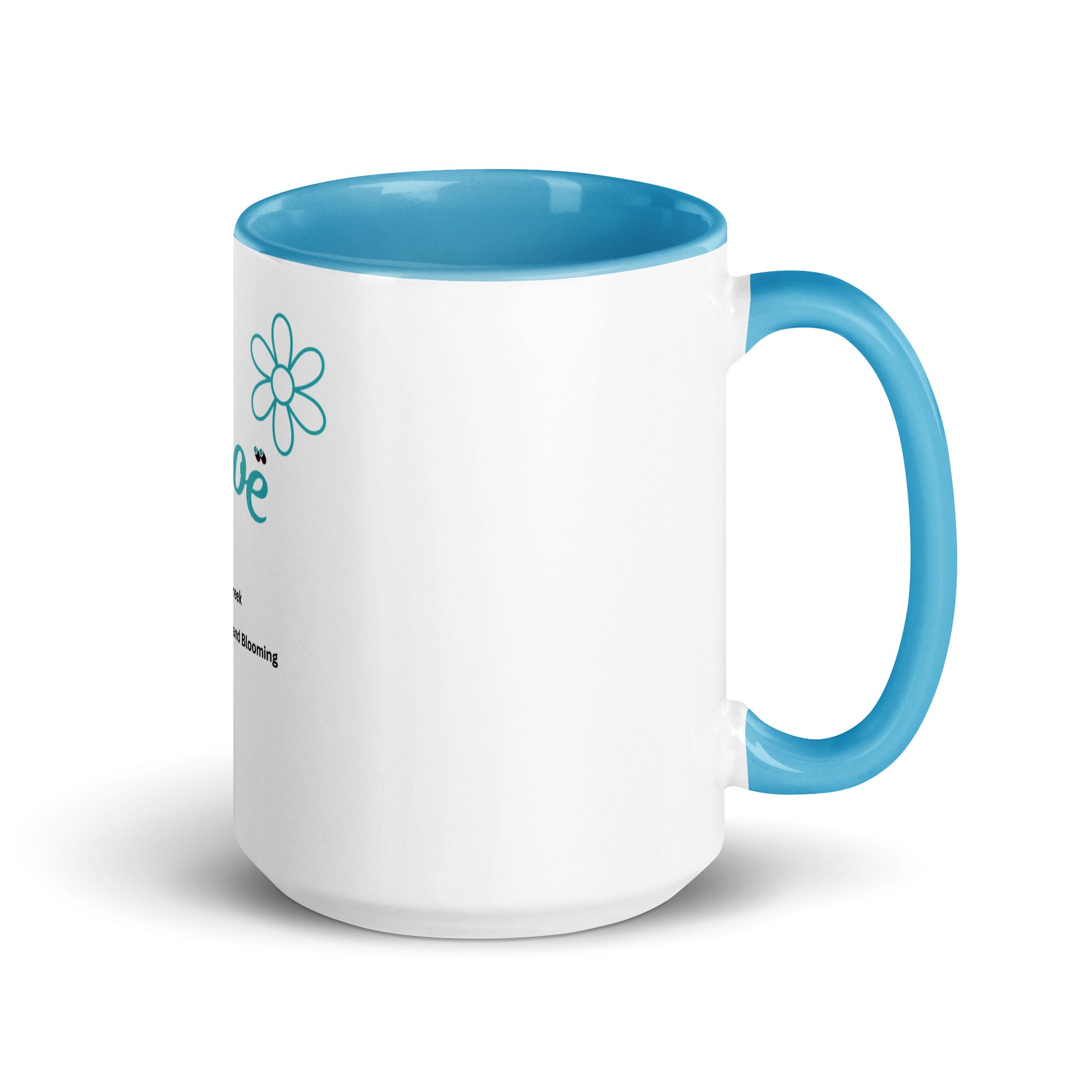 A white ceramic mug with a blue and teal floral design on the side, featuring the name 'Chloe' and the text 'Original Greek Mastic and Borage'.