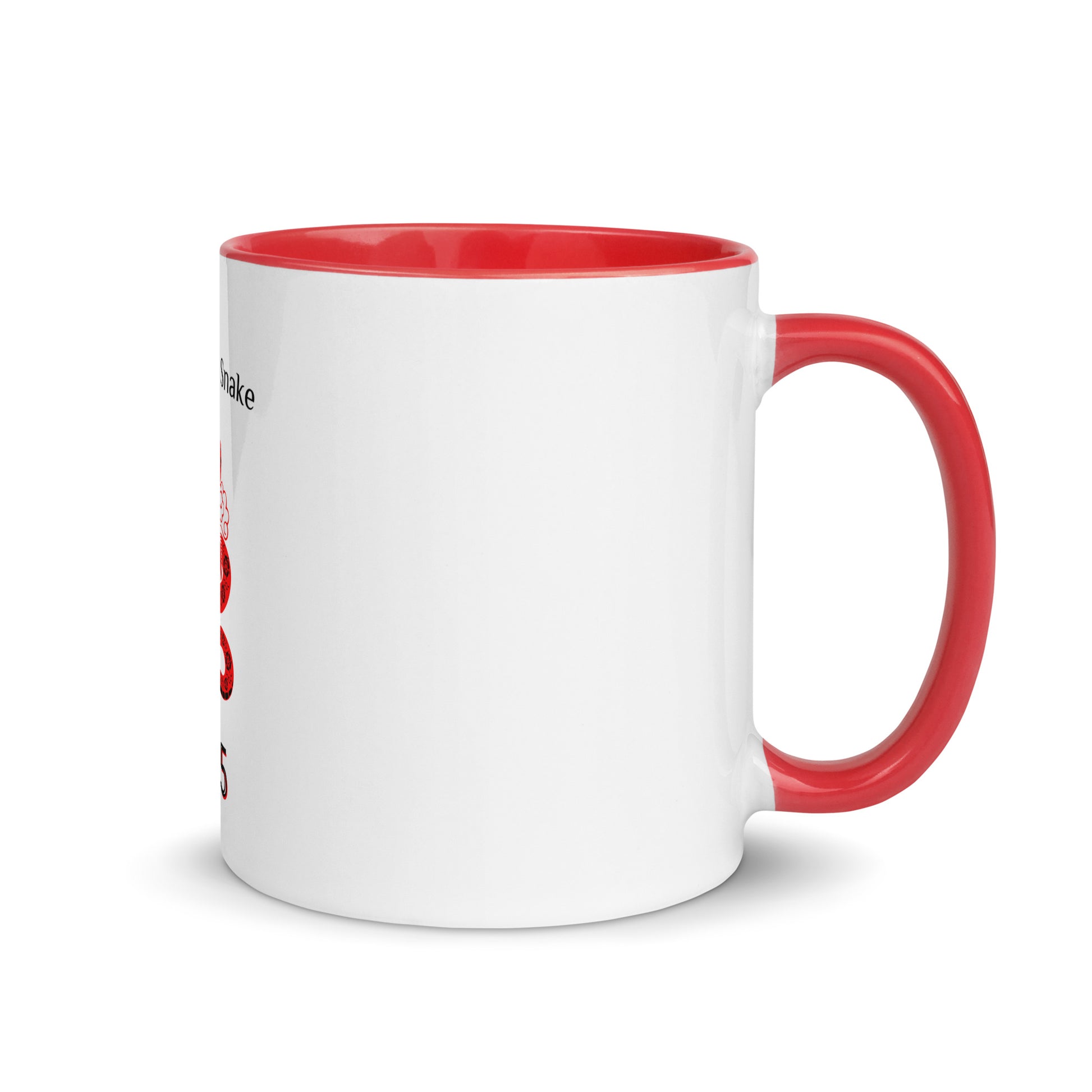 A white ceramic mug with a red and black snake design and the text 'YEAR OF THE SNAKE 2025'.